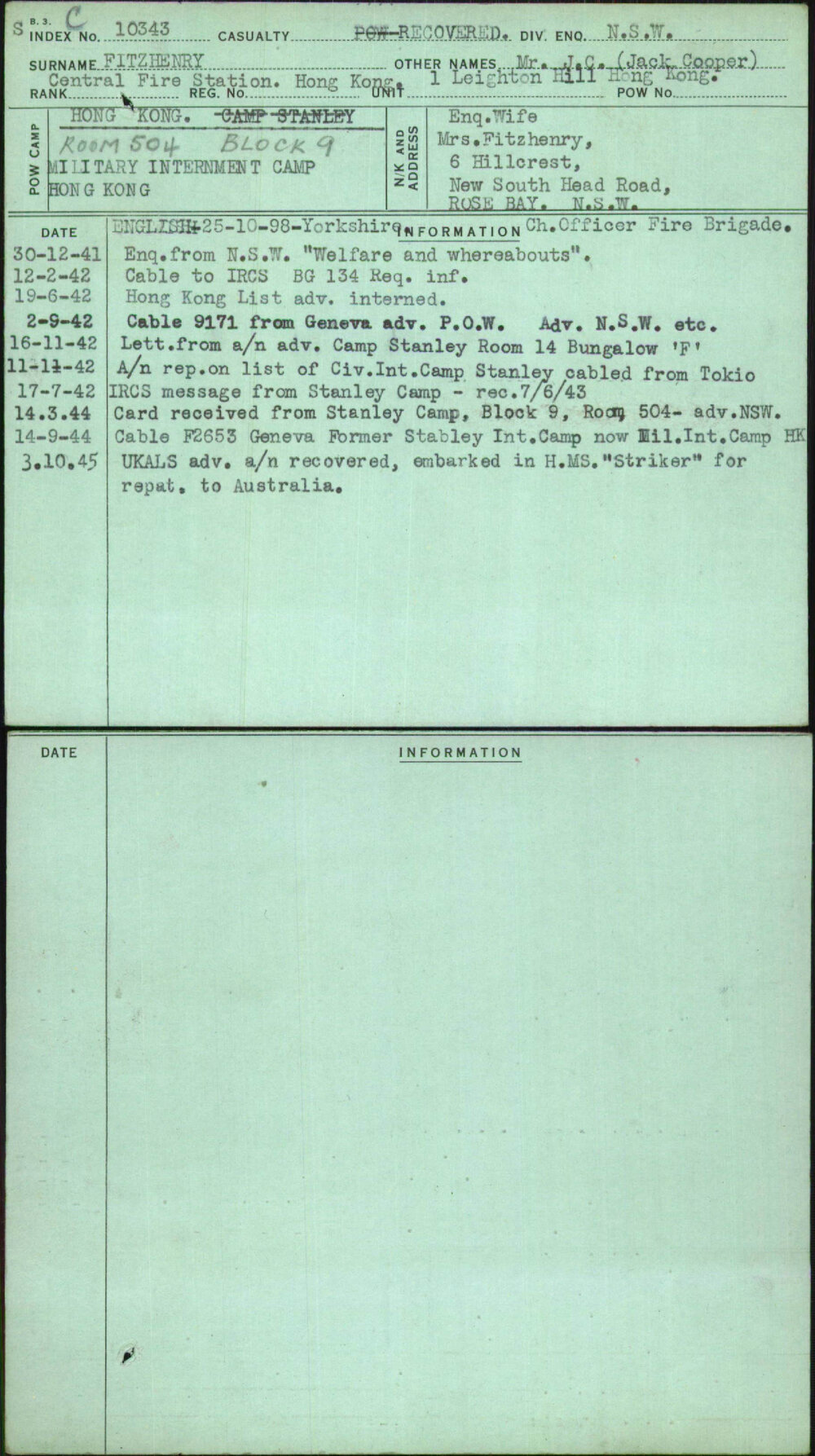 Fitzhenry, Mr J C (Jack Cooper), [No Service Number]