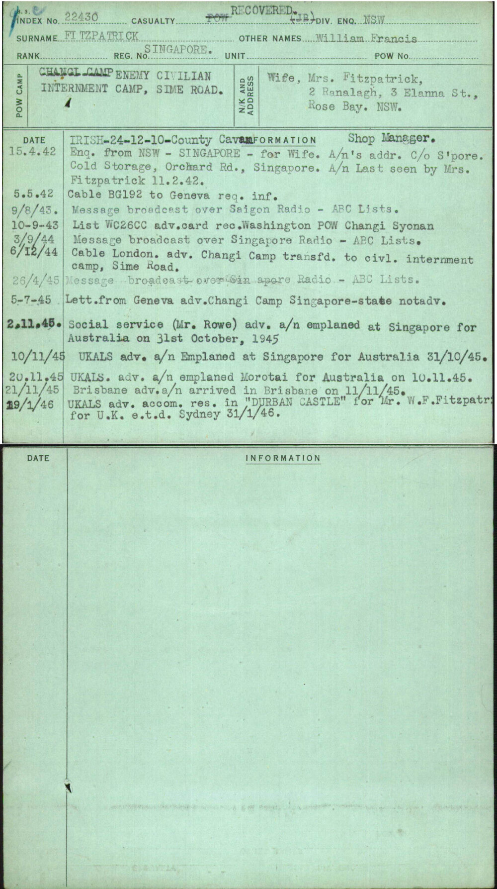 Fitzpatrick, William Francis, Singapore