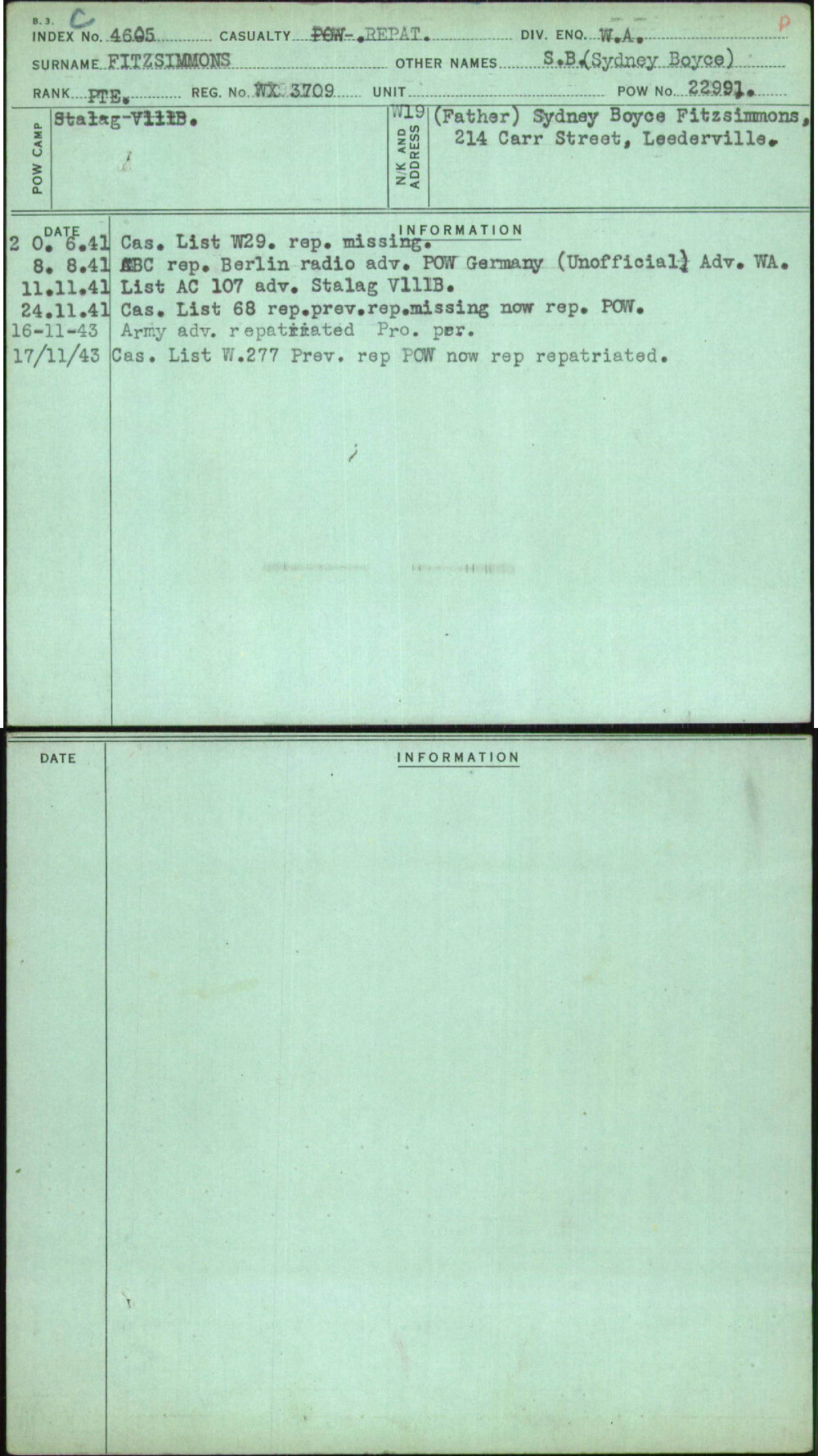 Fitzsimmons, S B (Sydney Boyce), WX3709