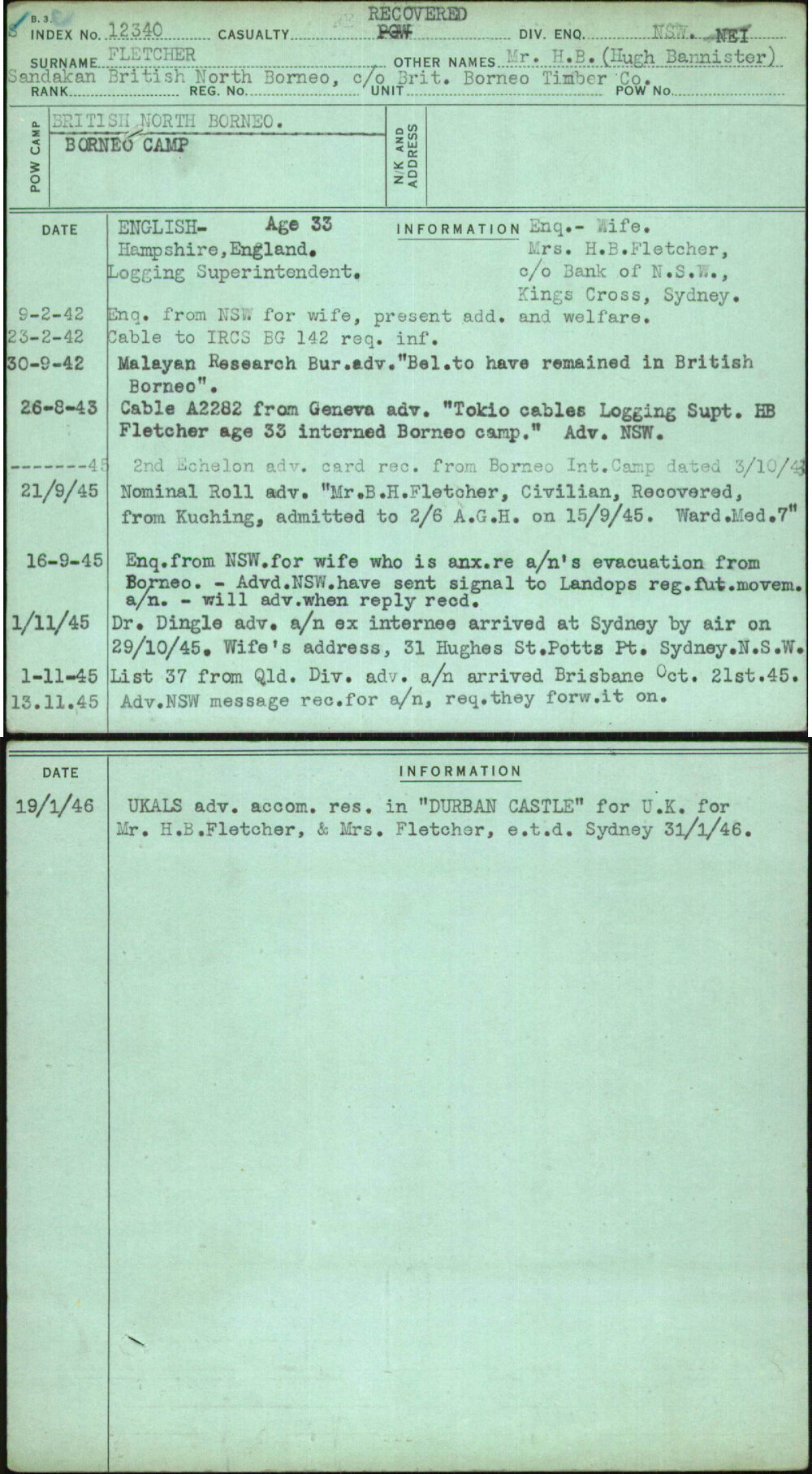 Fletcher, Mr H B (Hugh Bannister), [No Service Number]