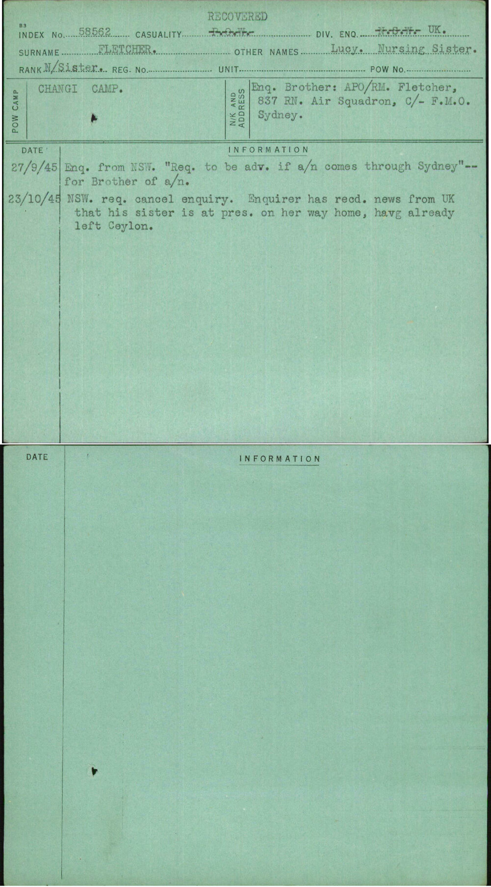 Fletcher, Lucy Nursing Sister, [No Service Number]