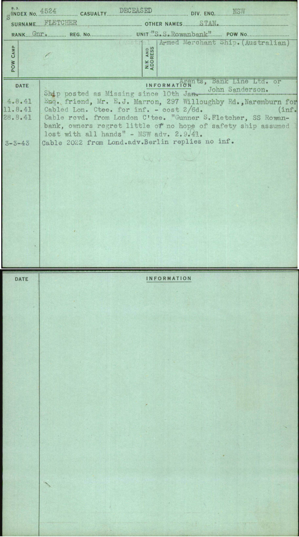 Fletcher, Stan, [No Service Number]