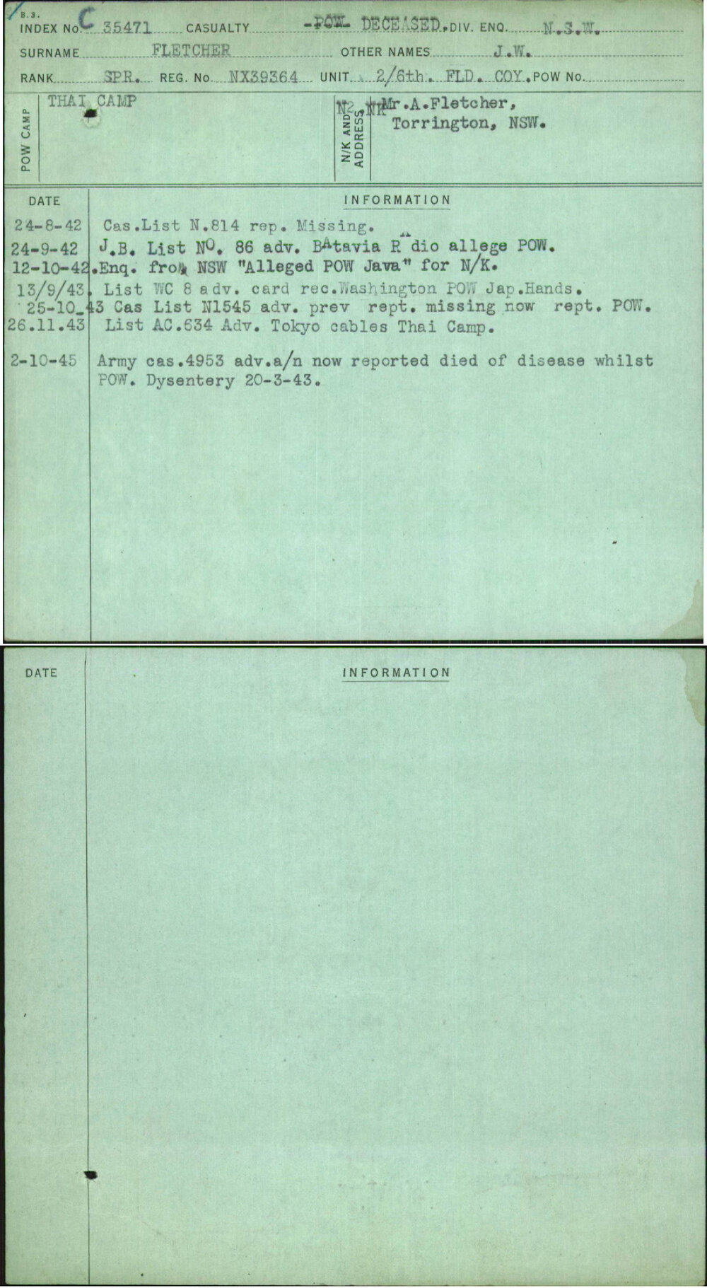 Fletcher, J W, NX39364