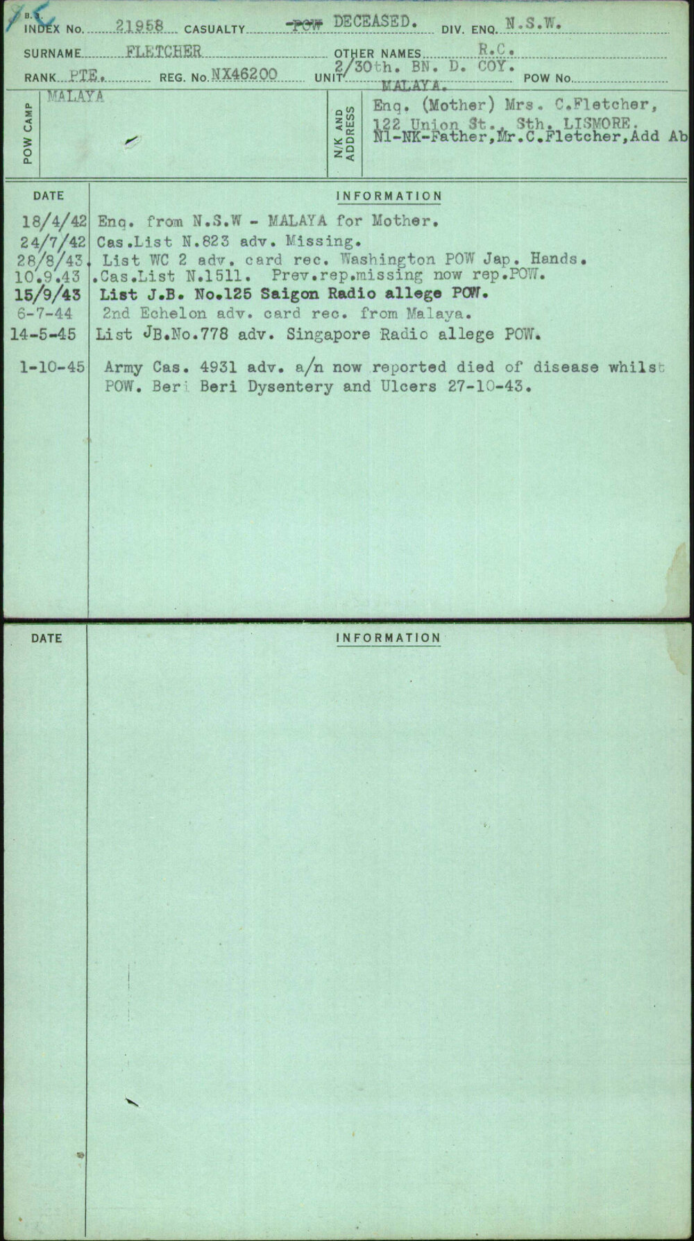Fletcher, R C, NX46200