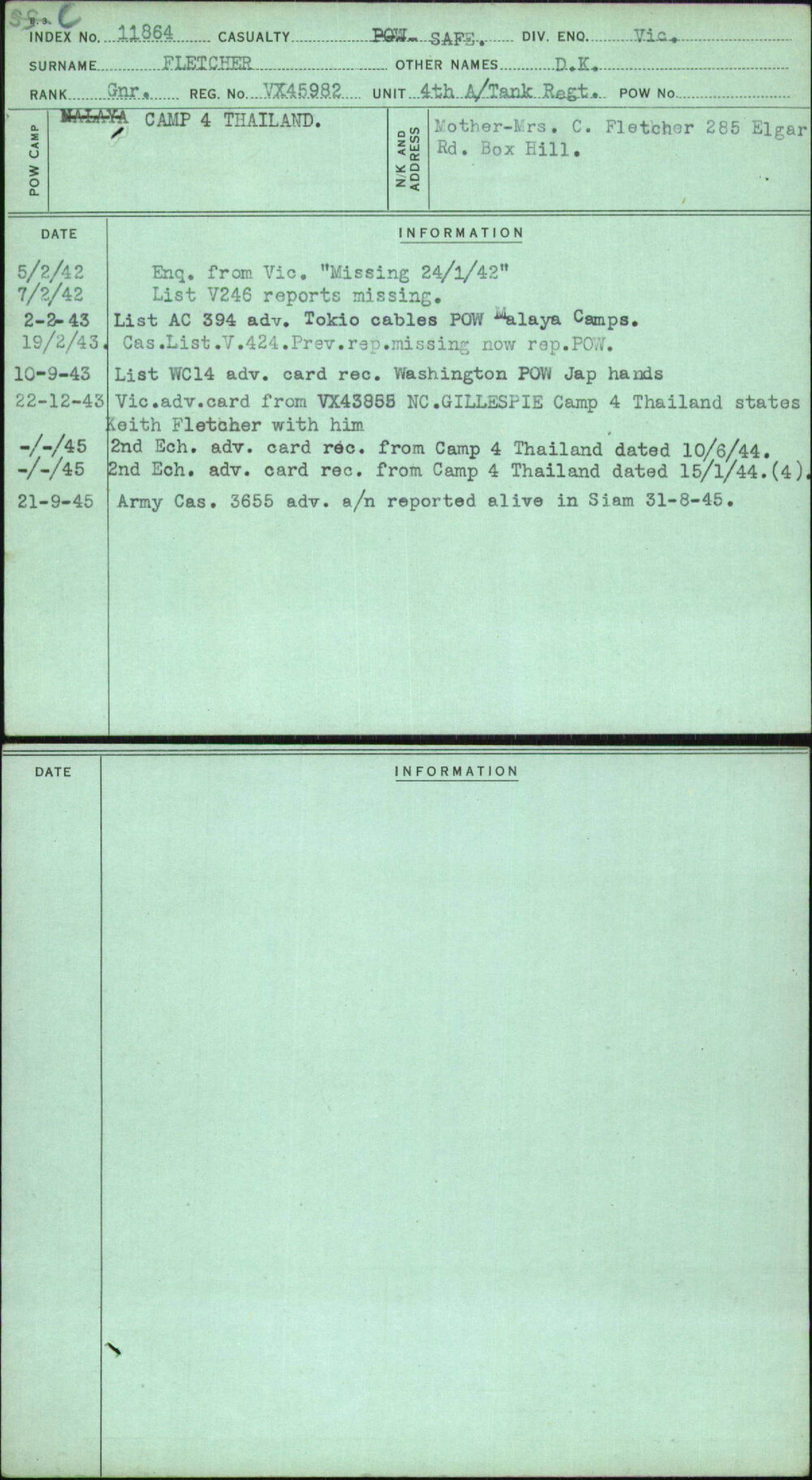 Fletcher, D K, VX45982