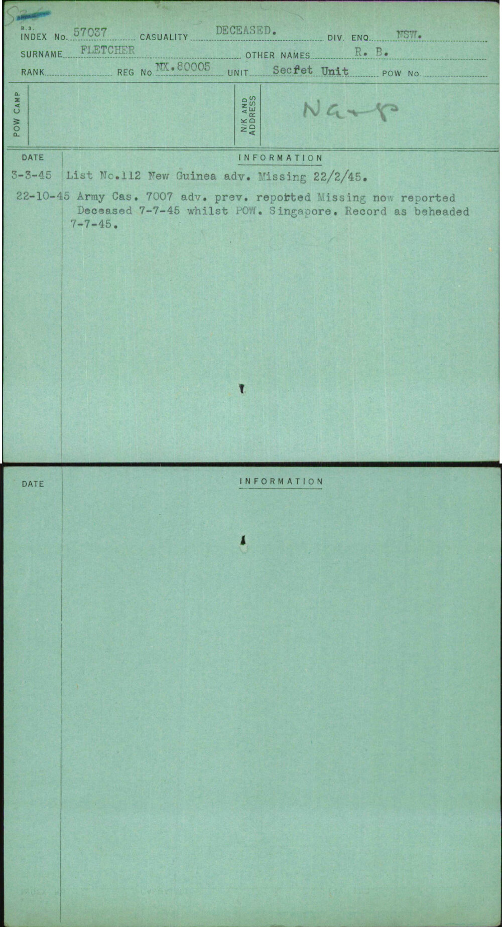 Fletcher, R B, NX80005