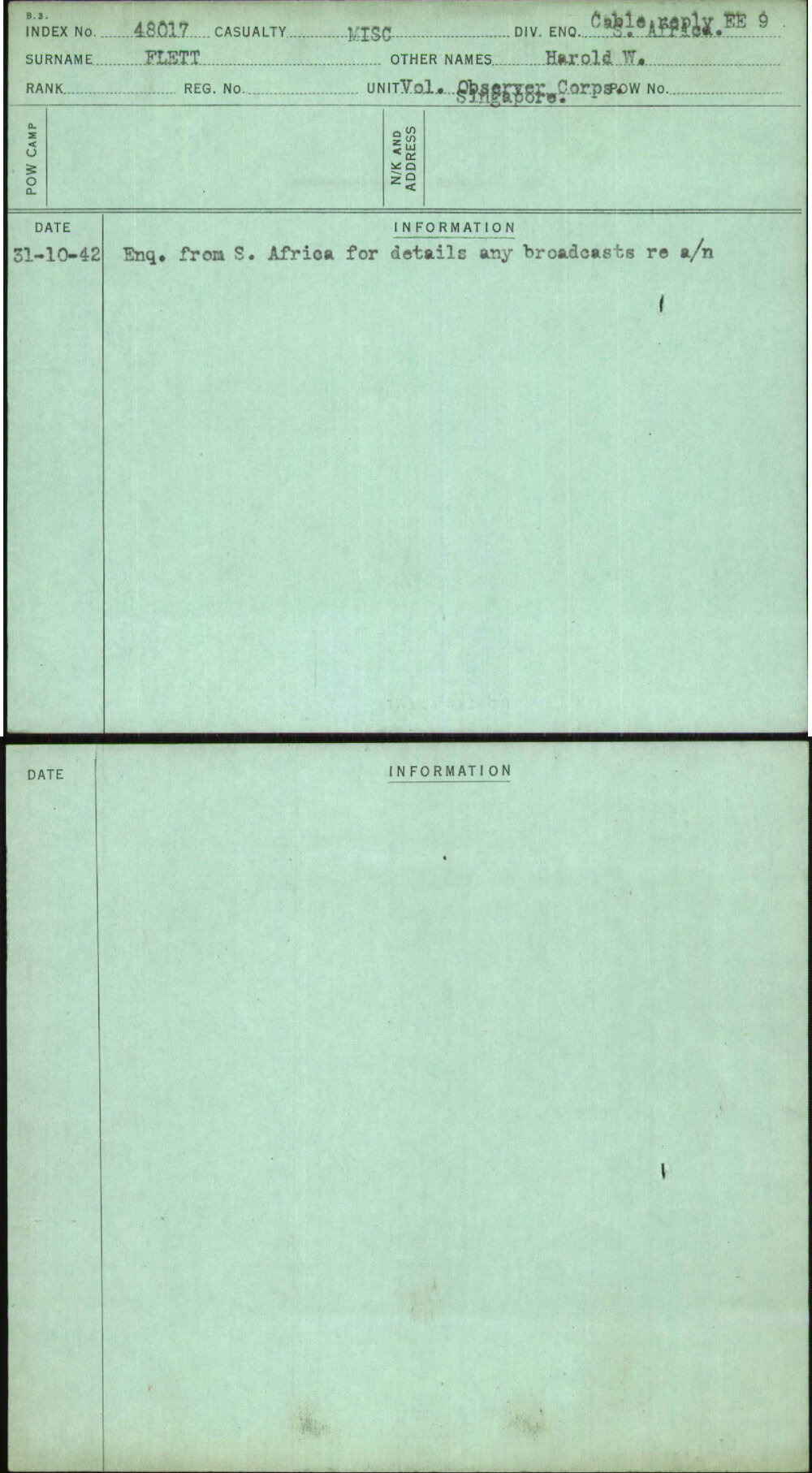 Flett, Harold W, [No Service Number]
