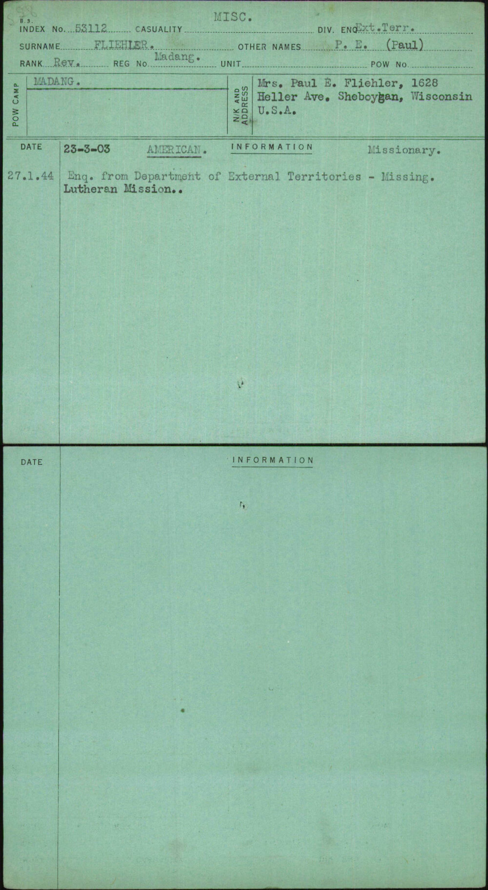 Fliehler, P E (Paul), Madang