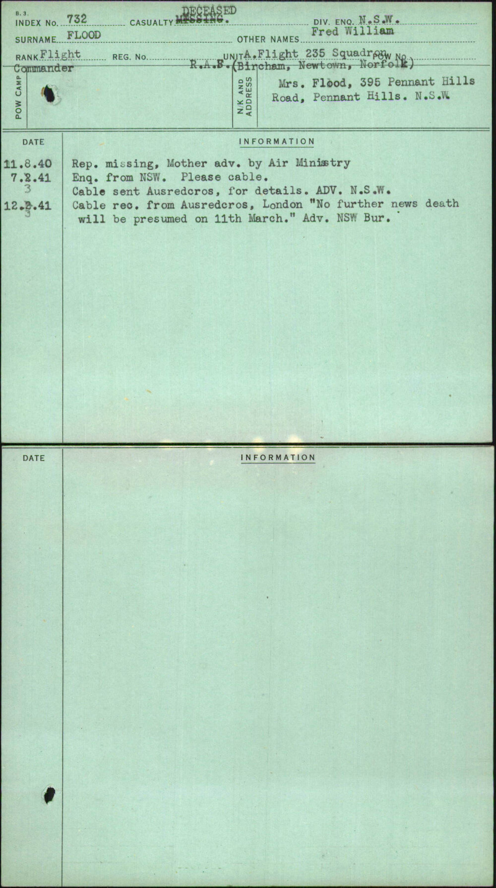 Flood, Fred William, [No Service Number]