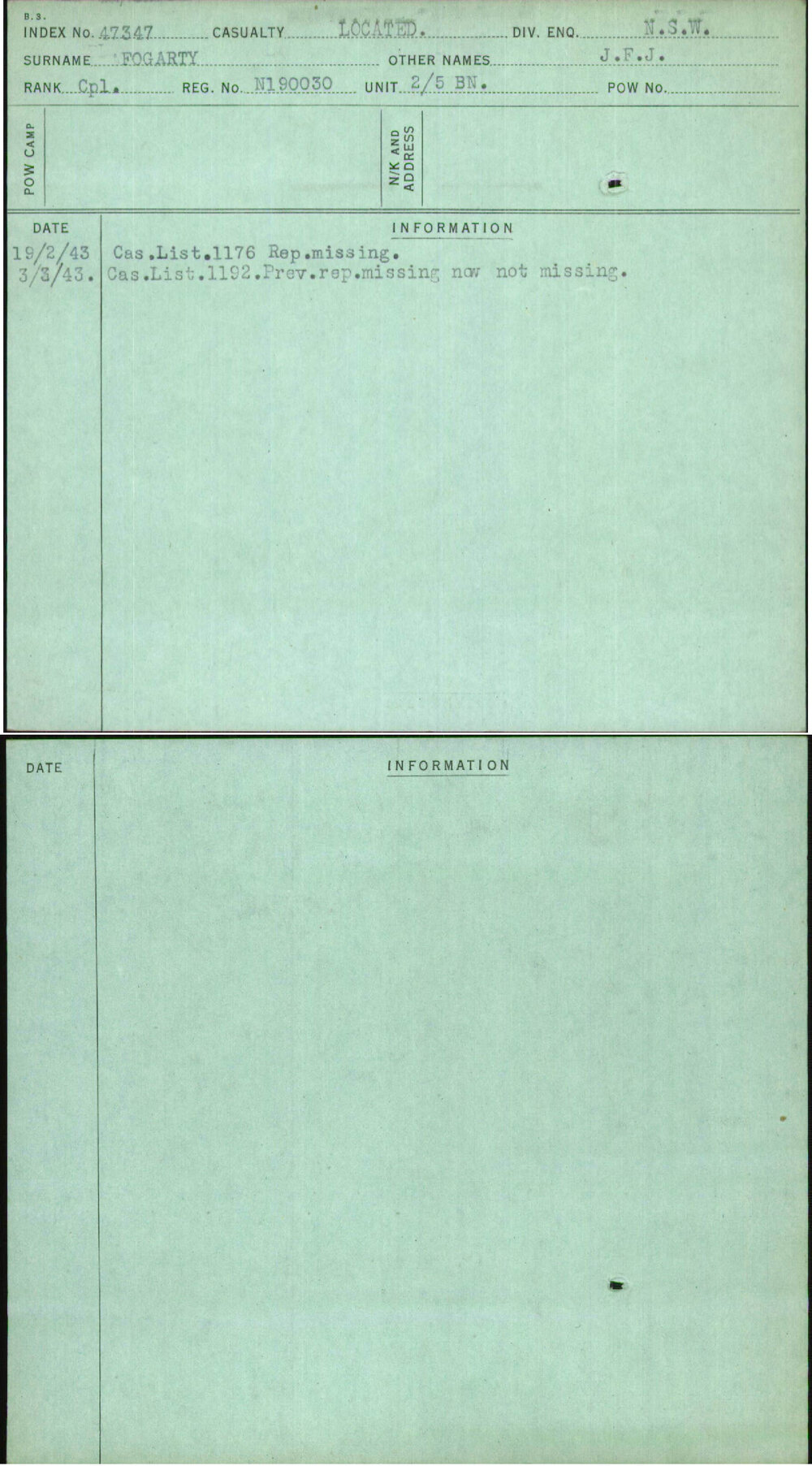 Fogarty, J F J, N190030