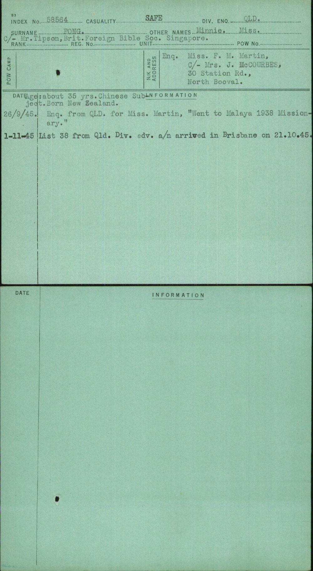 Fong, Minnie Miss, [No Service Number]