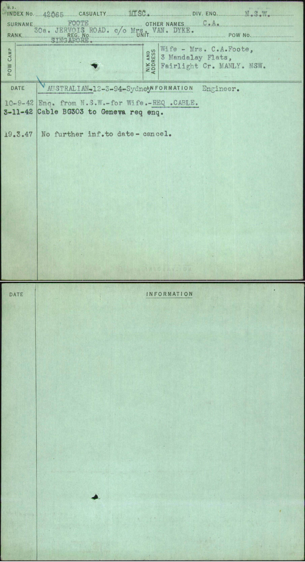 Foote, C A, [No Service Number]