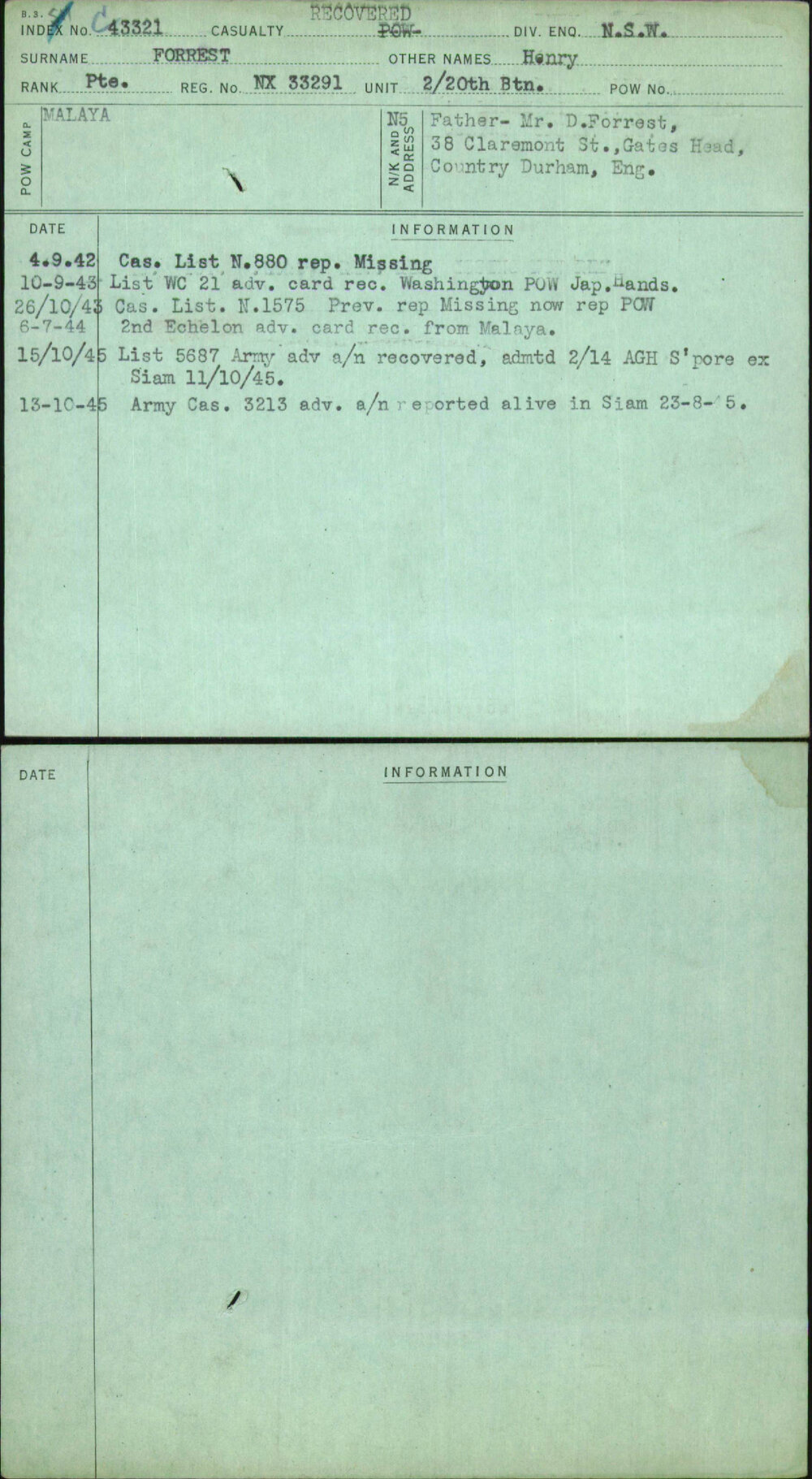 Forrest, Henry, NX33291