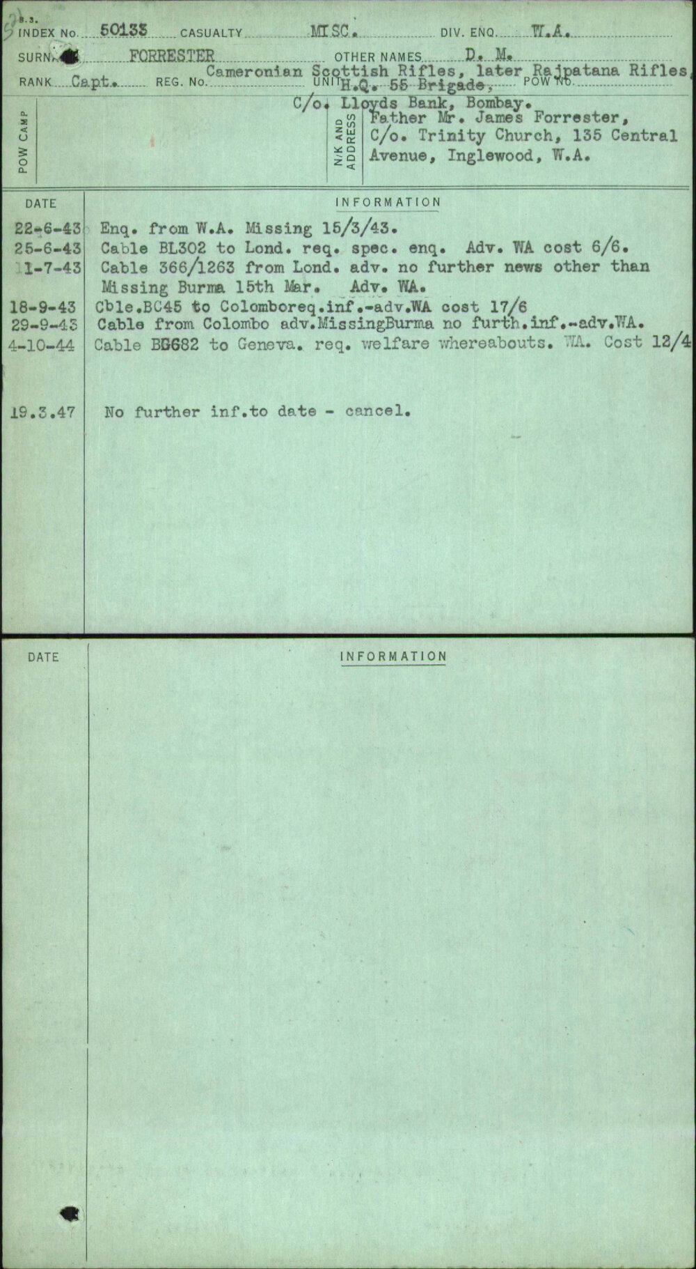Forrester, D M, [No Service Number]