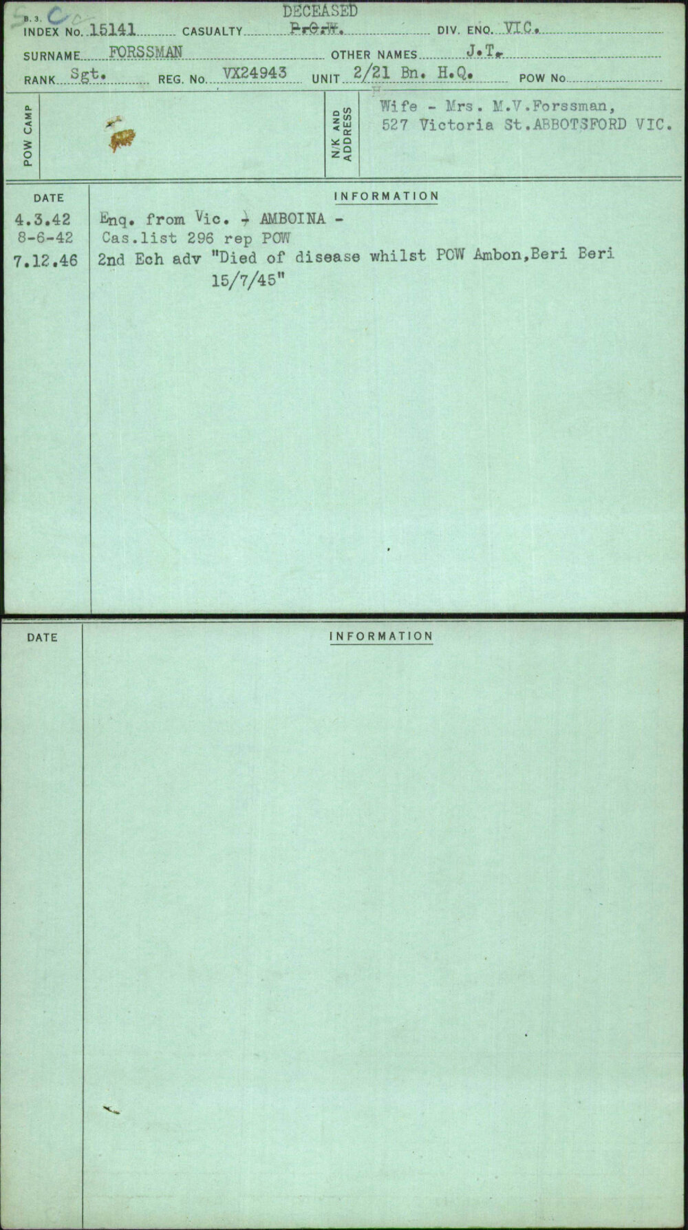 Forssman, J T, VX24943