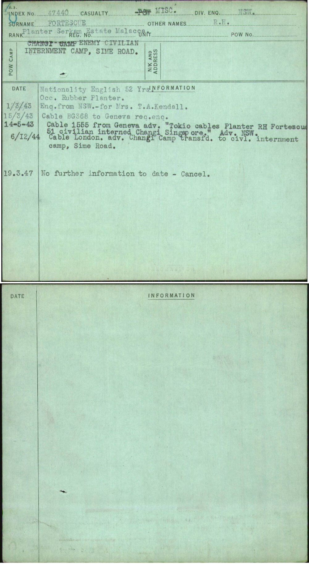 Fortescue, R H, [No Service Number]