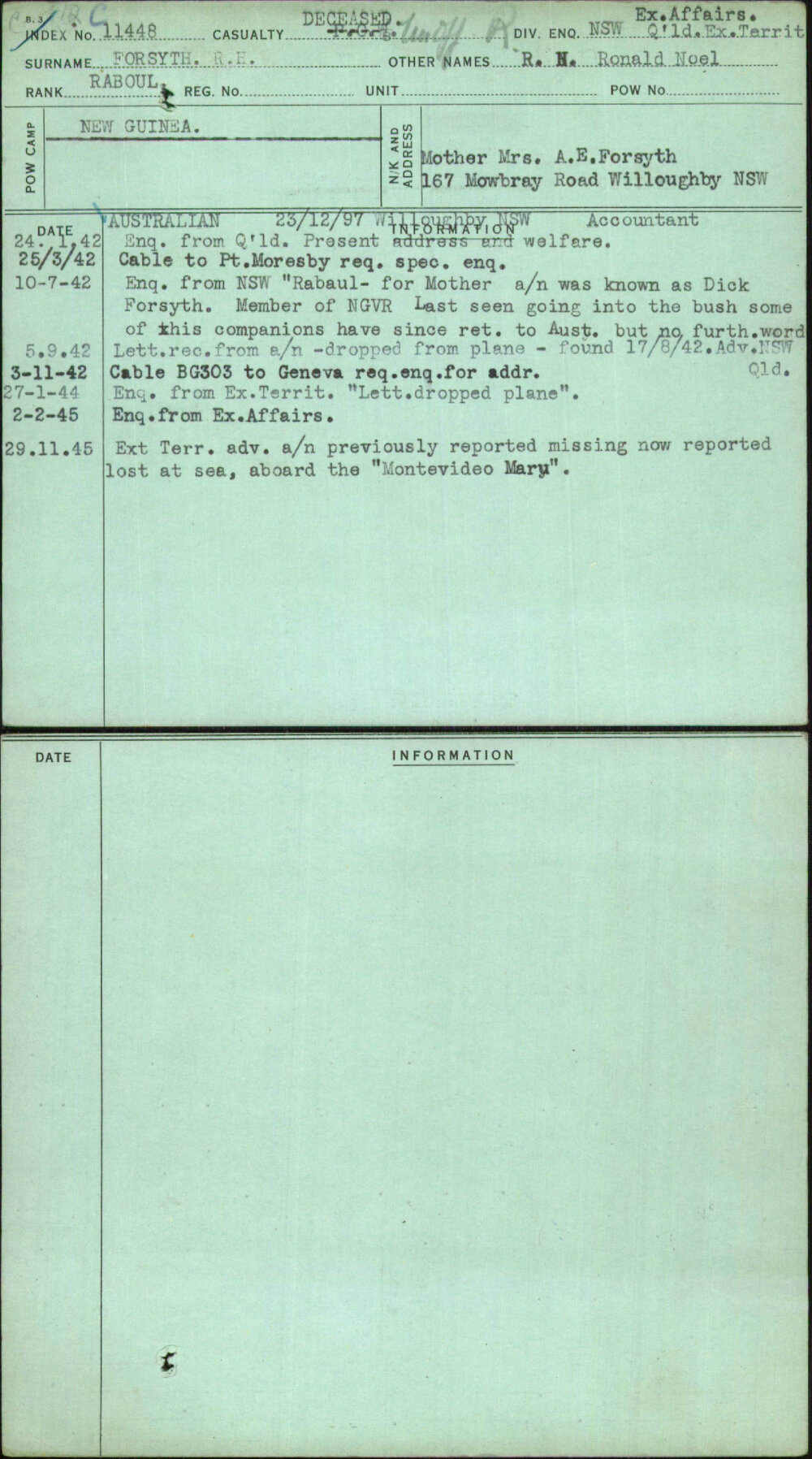 Forsyth Rh, R N Ronald Noel, [No Service Number]