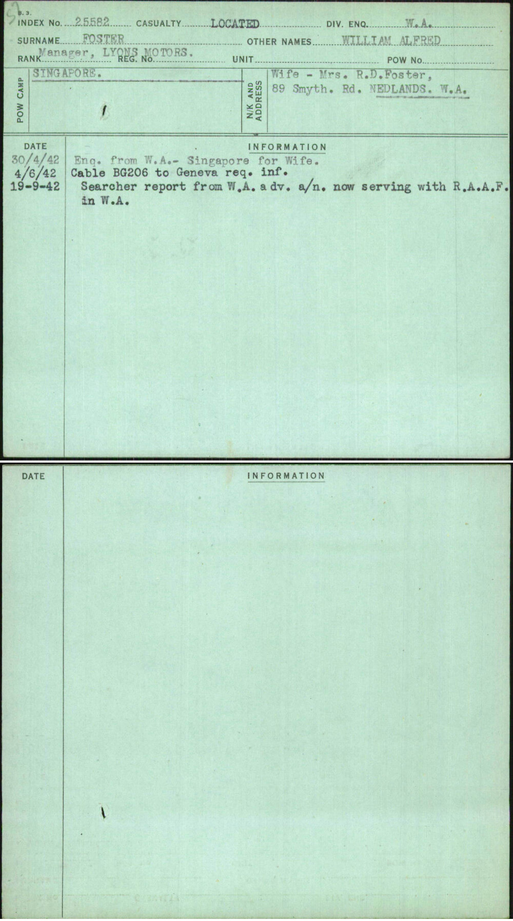 Foster, William Alfred, [No Service Number]