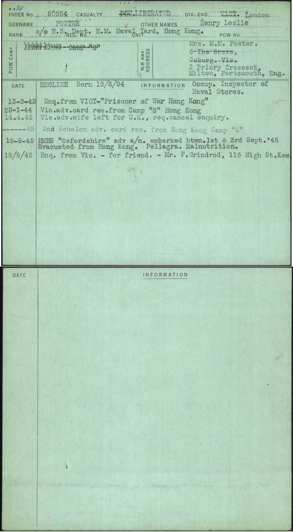 Foster, Henry Leslie, [No Service Number]