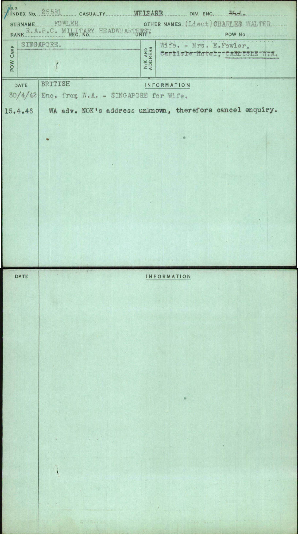 Fowler, (Lieut) Charles Walter, [No Service Number]