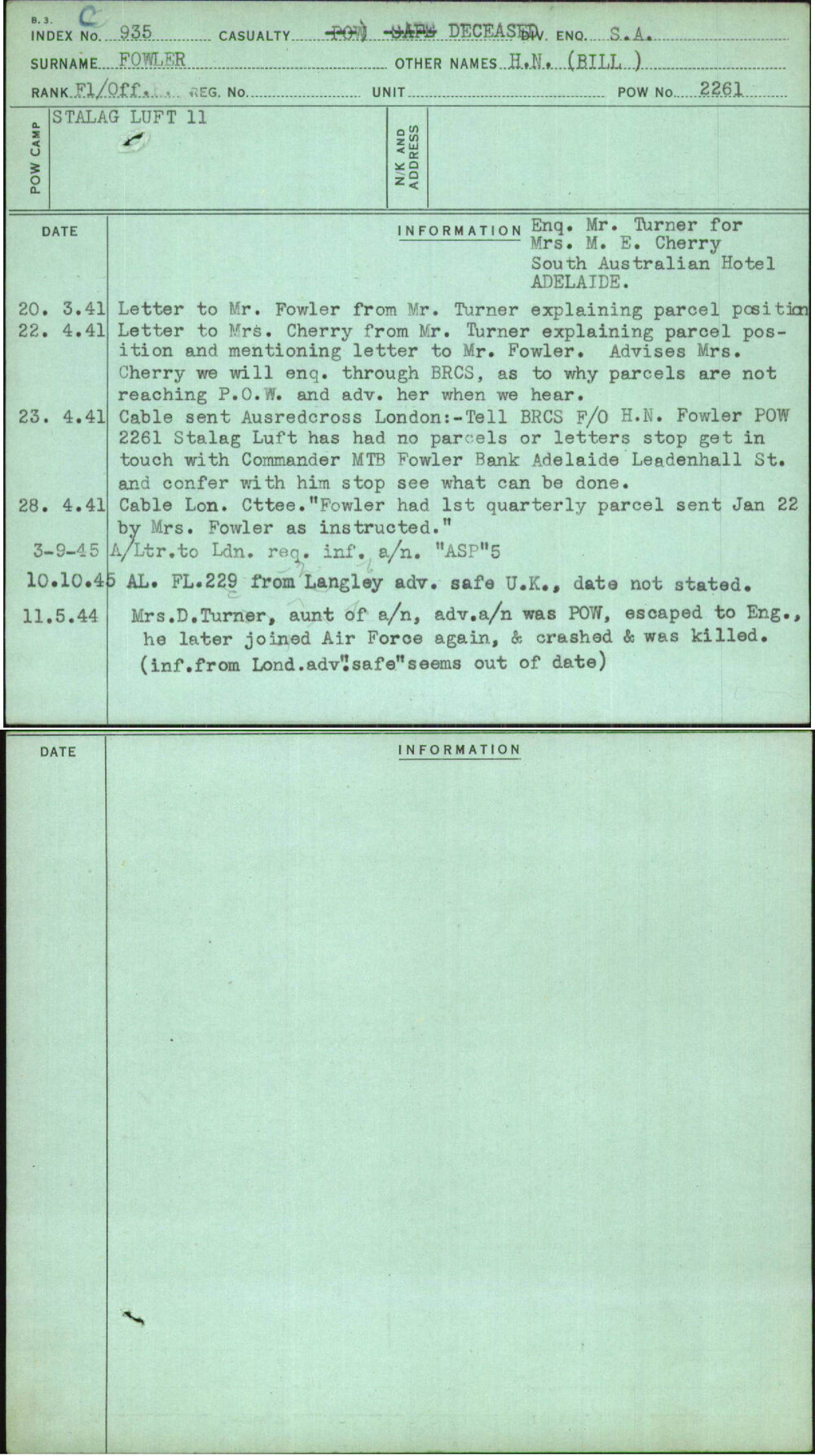 Fowler, H N (Bill), [No Service Number]