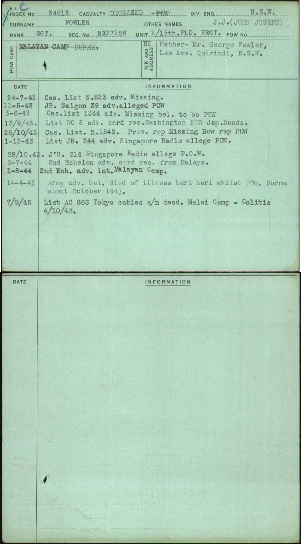 Fowler, J J (John Joseph), NX27286