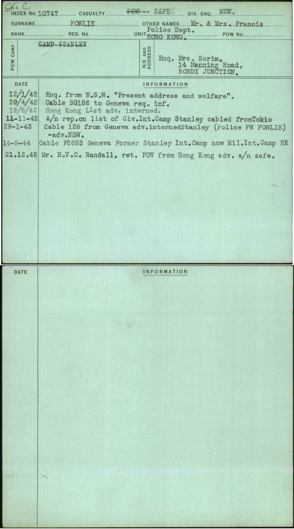 Fowlie, Mr &amp; Mrs Francis, [No Service Number]