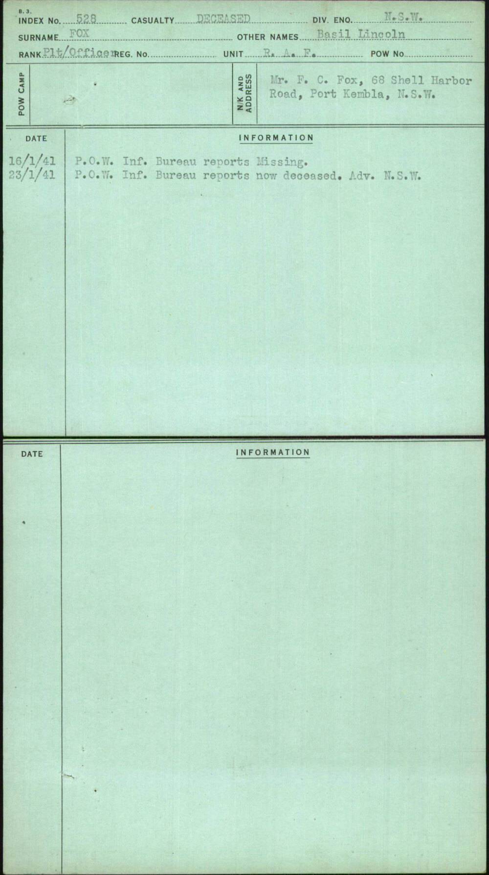 Fox, Basil Lincoln, [No Service Number]