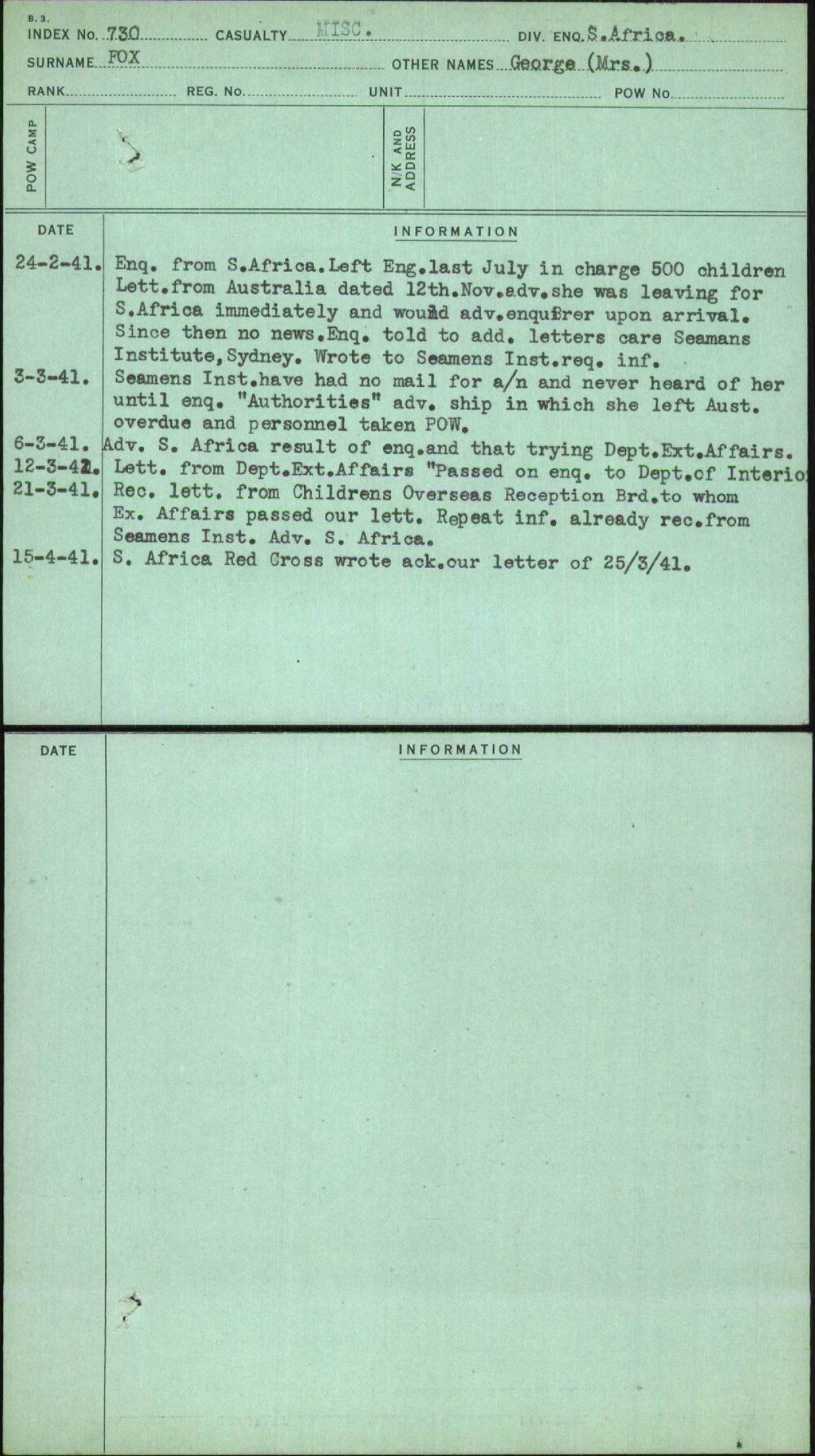 Fox, George (Mrs), [No Service Number]