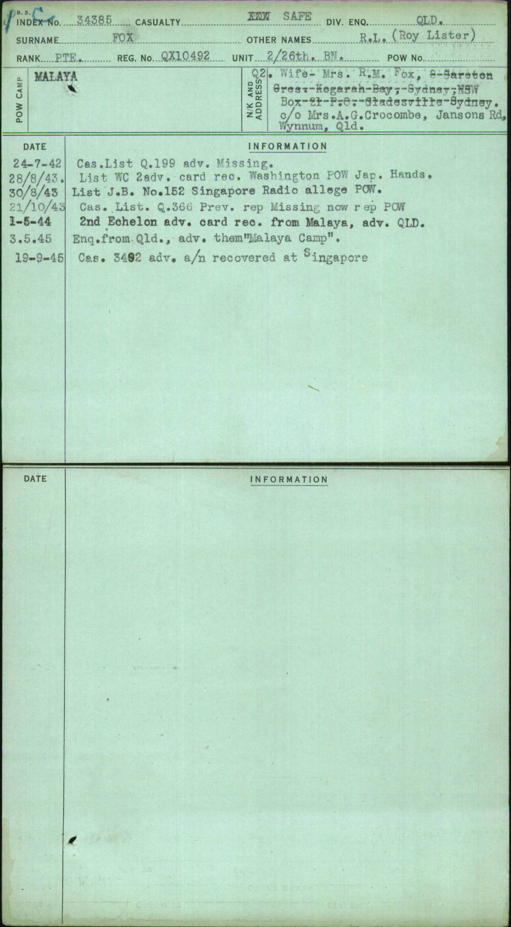 Fox, R L (Roy Lister), QX10492