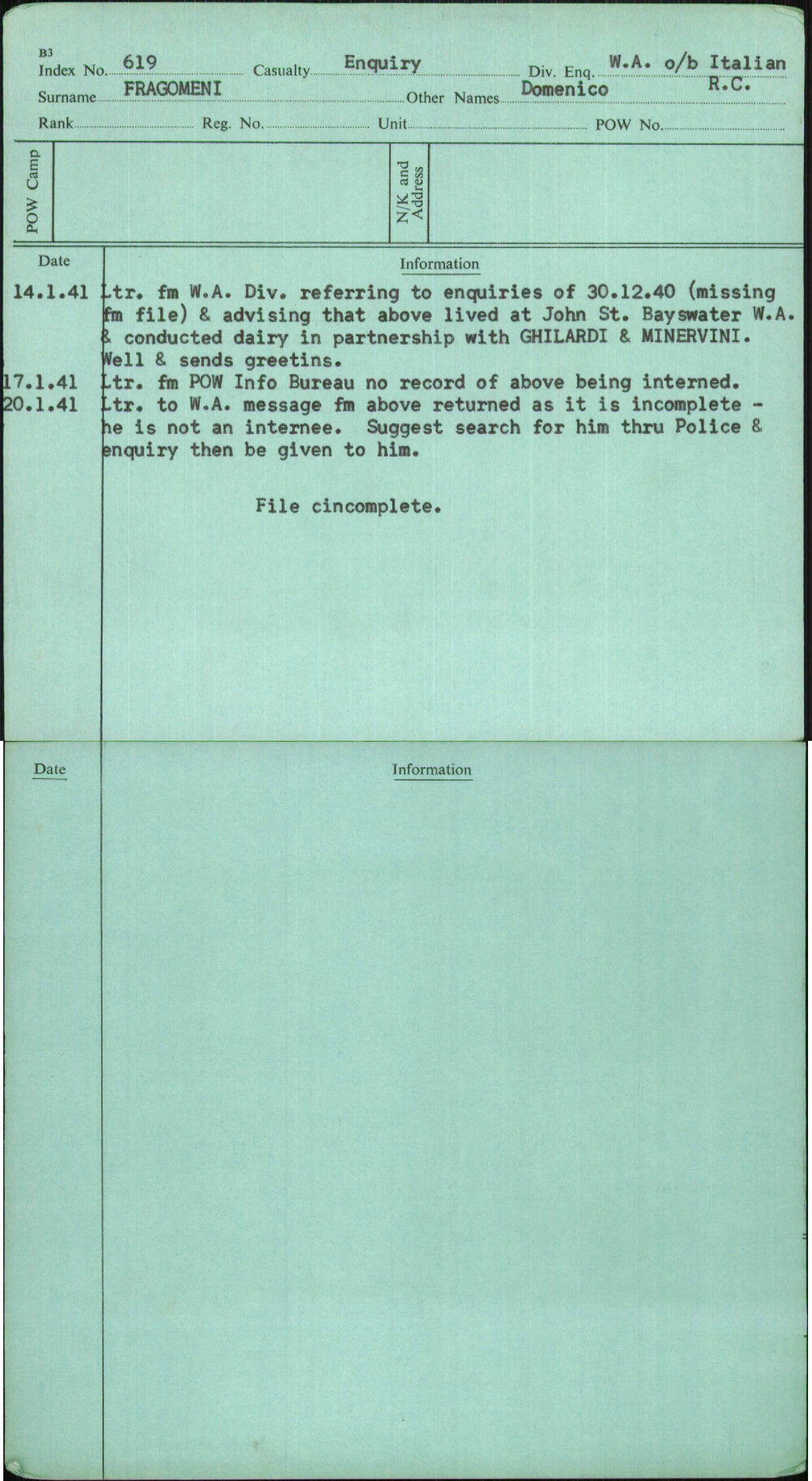 Fragomeni, Domenico R C, [No Service Number]