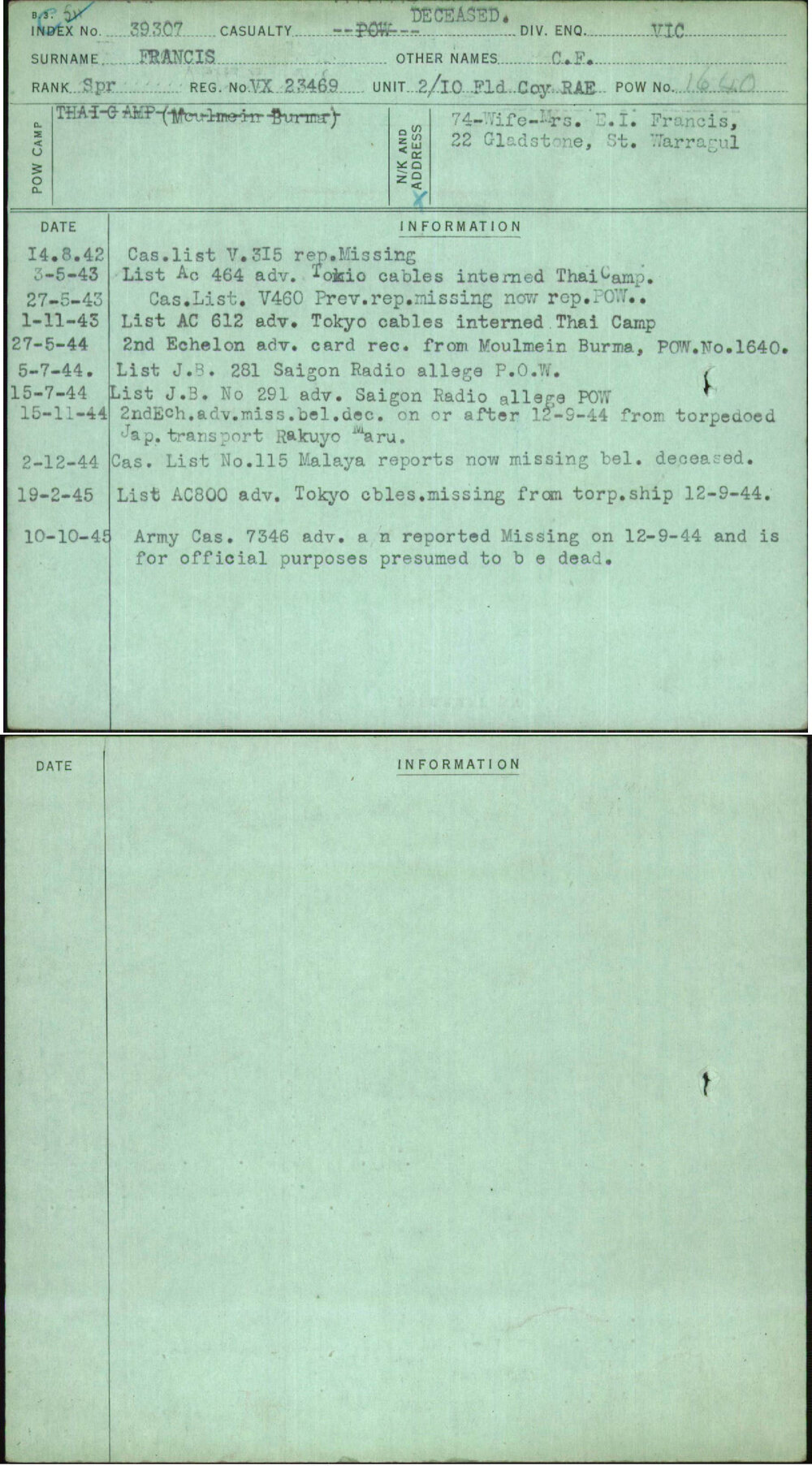 Francis, C F, VX23469