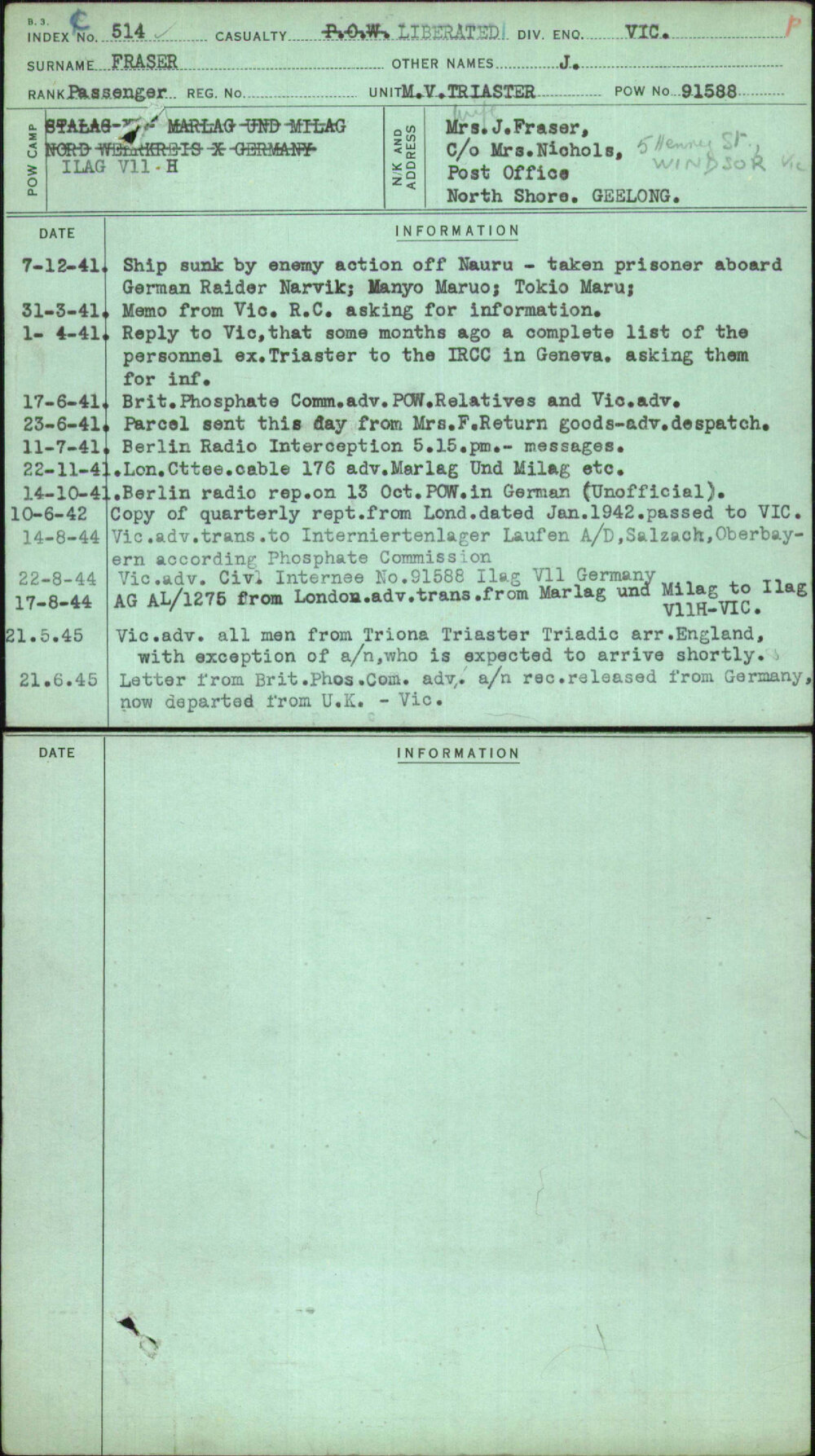 Fraser, J, [No Service Number]