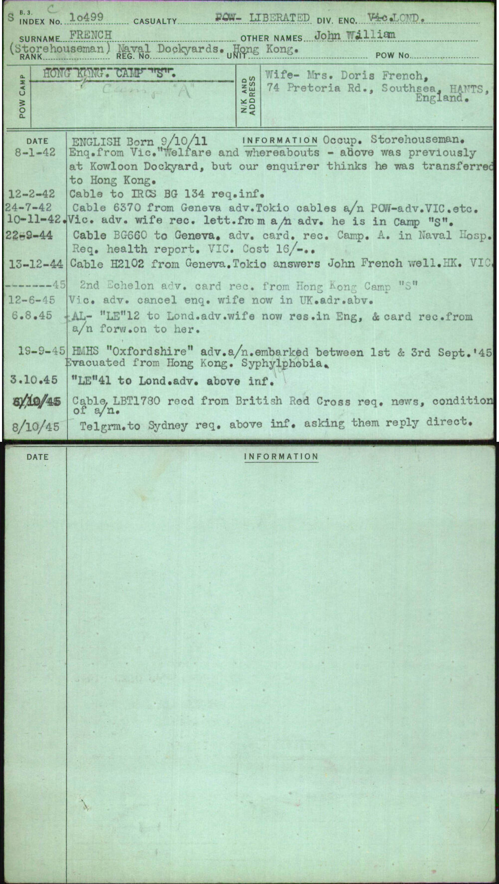 French, John William, [No Service Number]