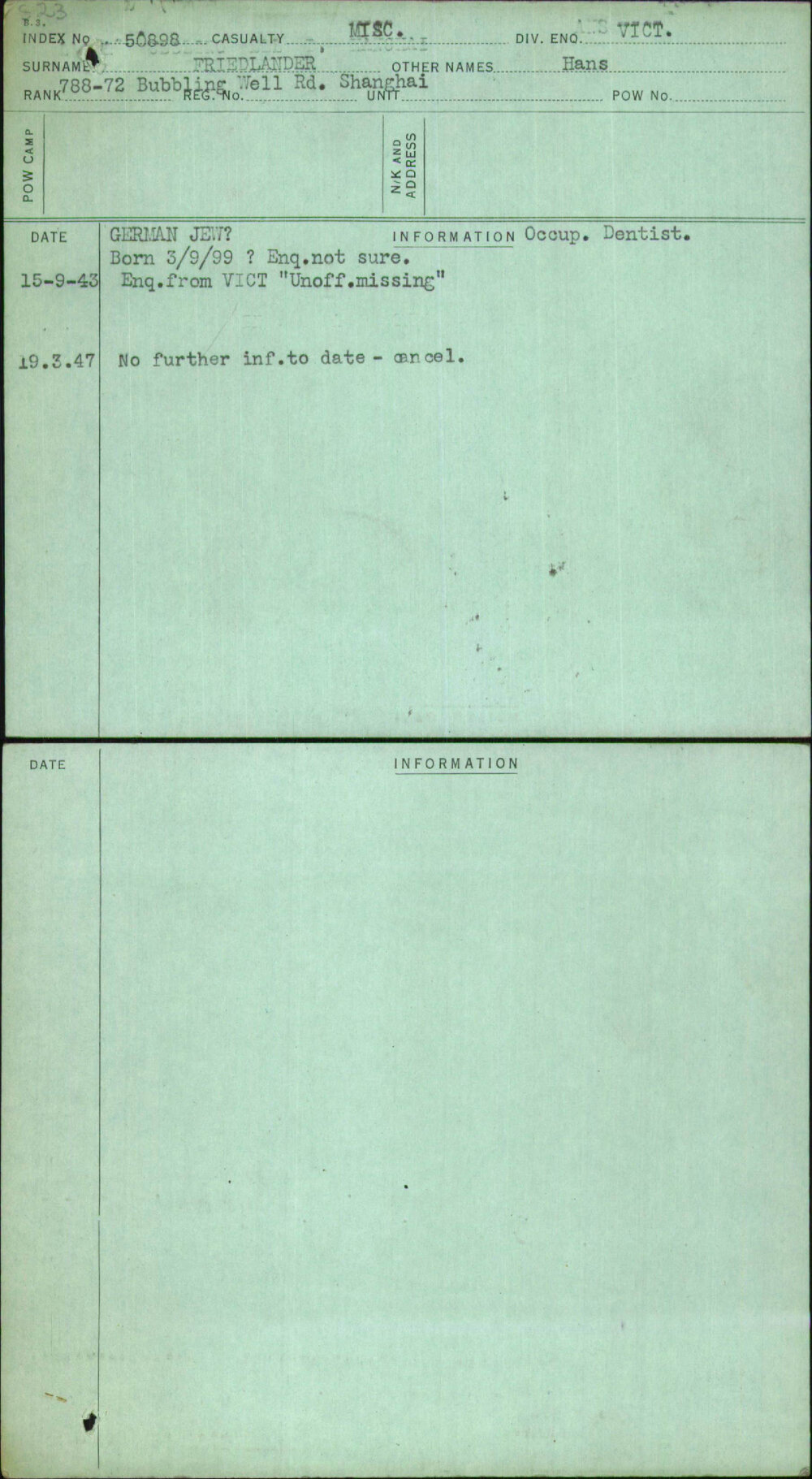 Friedlander, Hans, [No Service Number]