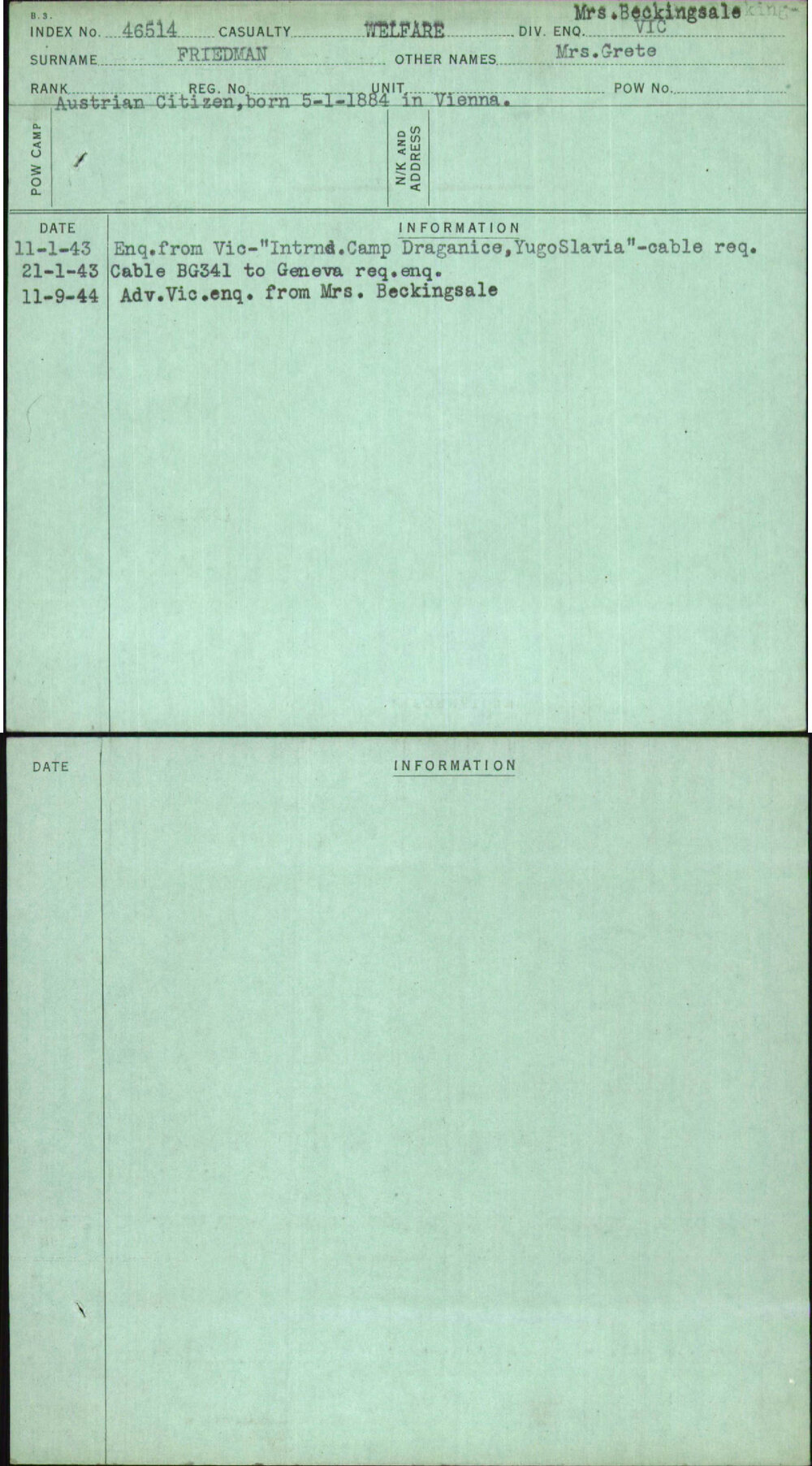 Friedman, Mrs Grete, [No Service Number]