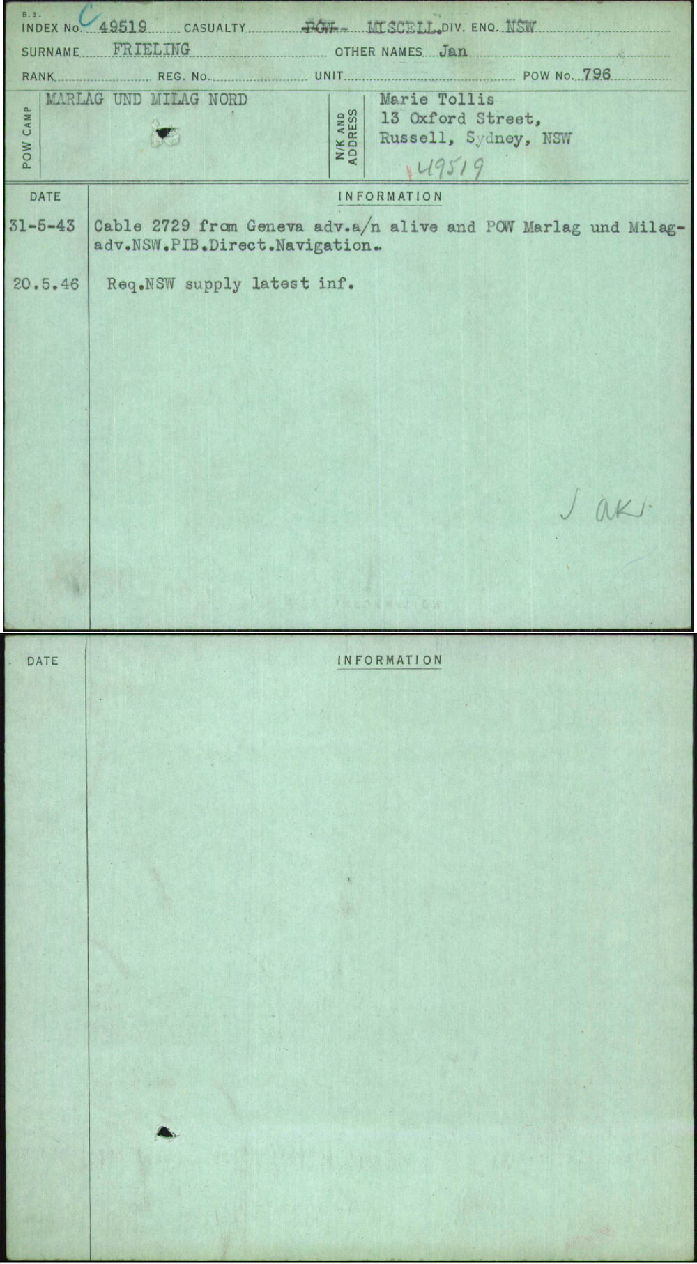 Frieling, Jan, [No Service Number]