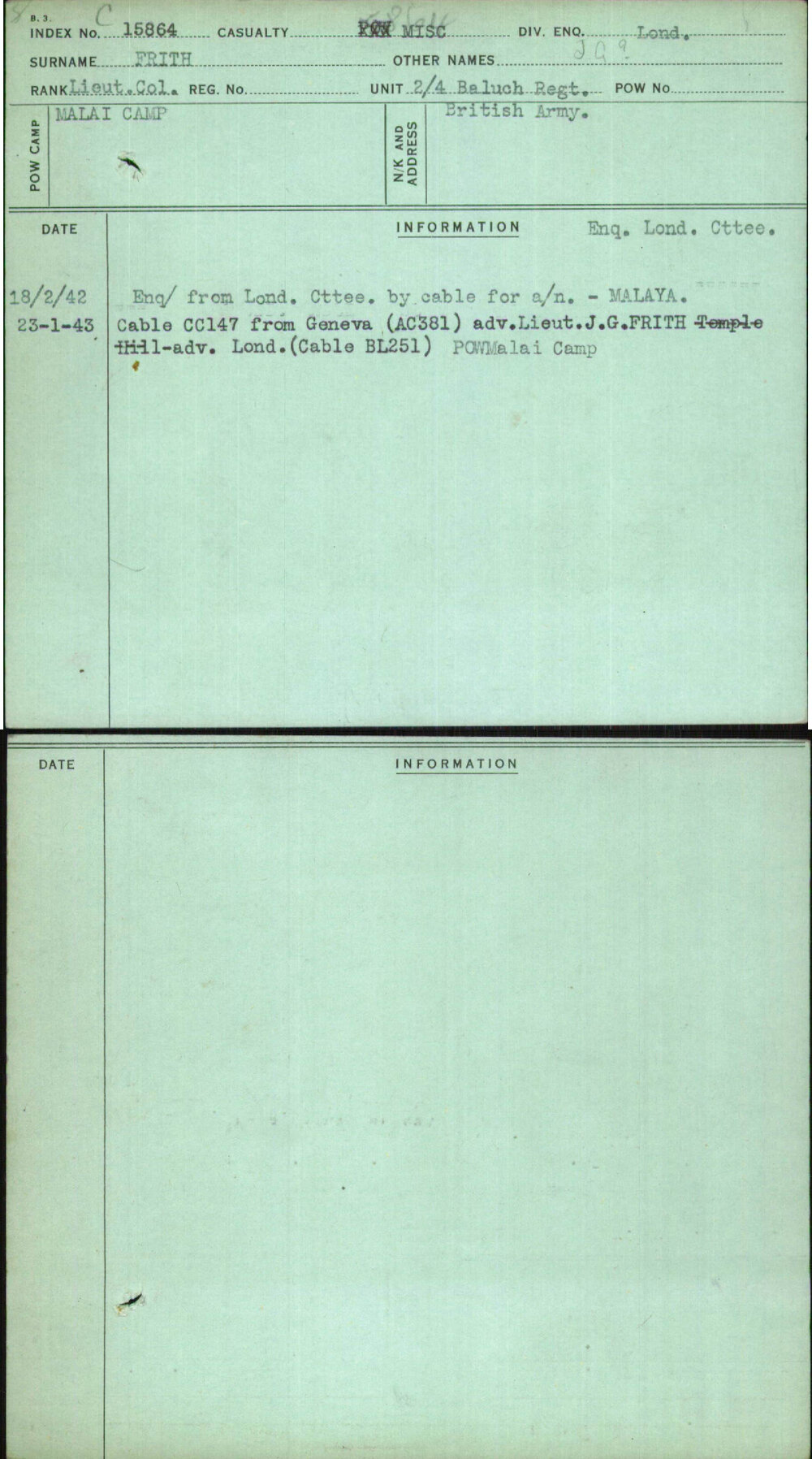 Frith, J G, [No Service Number]