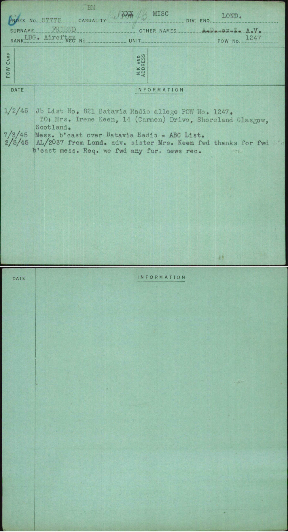 Friend, A V, [No Service Number]