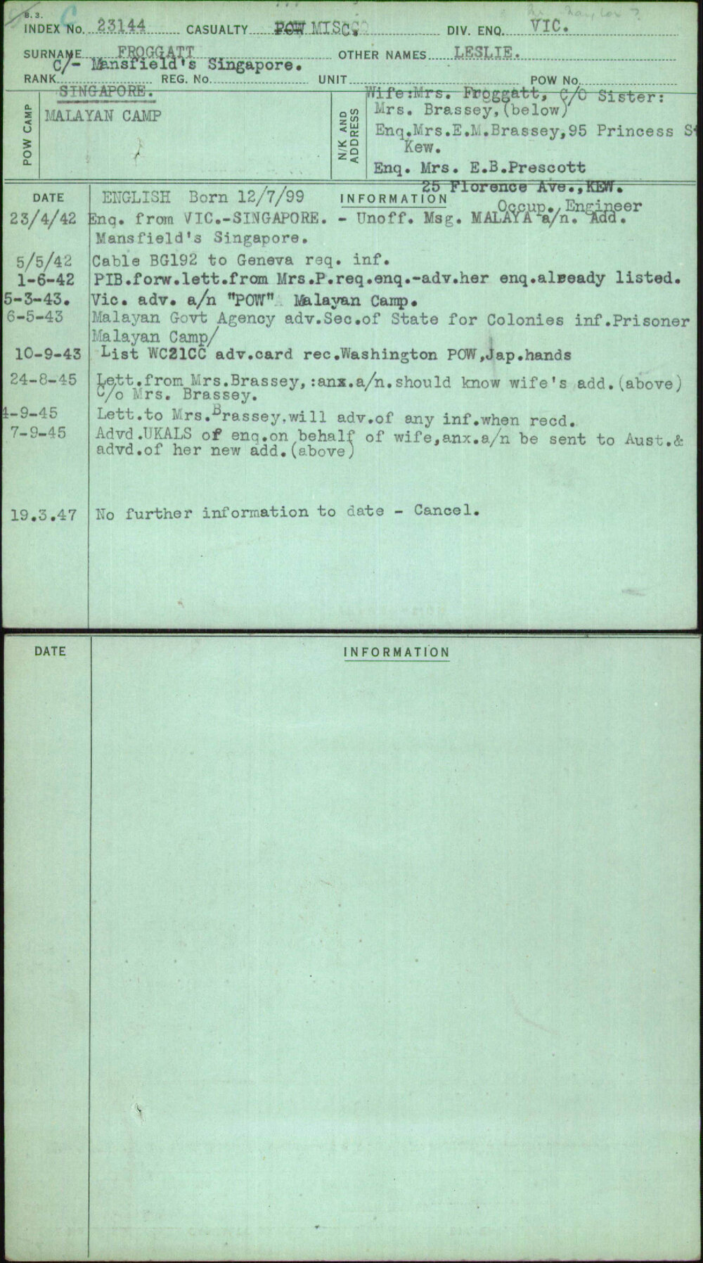 Froggatt, Leslie, [No Service Number]
