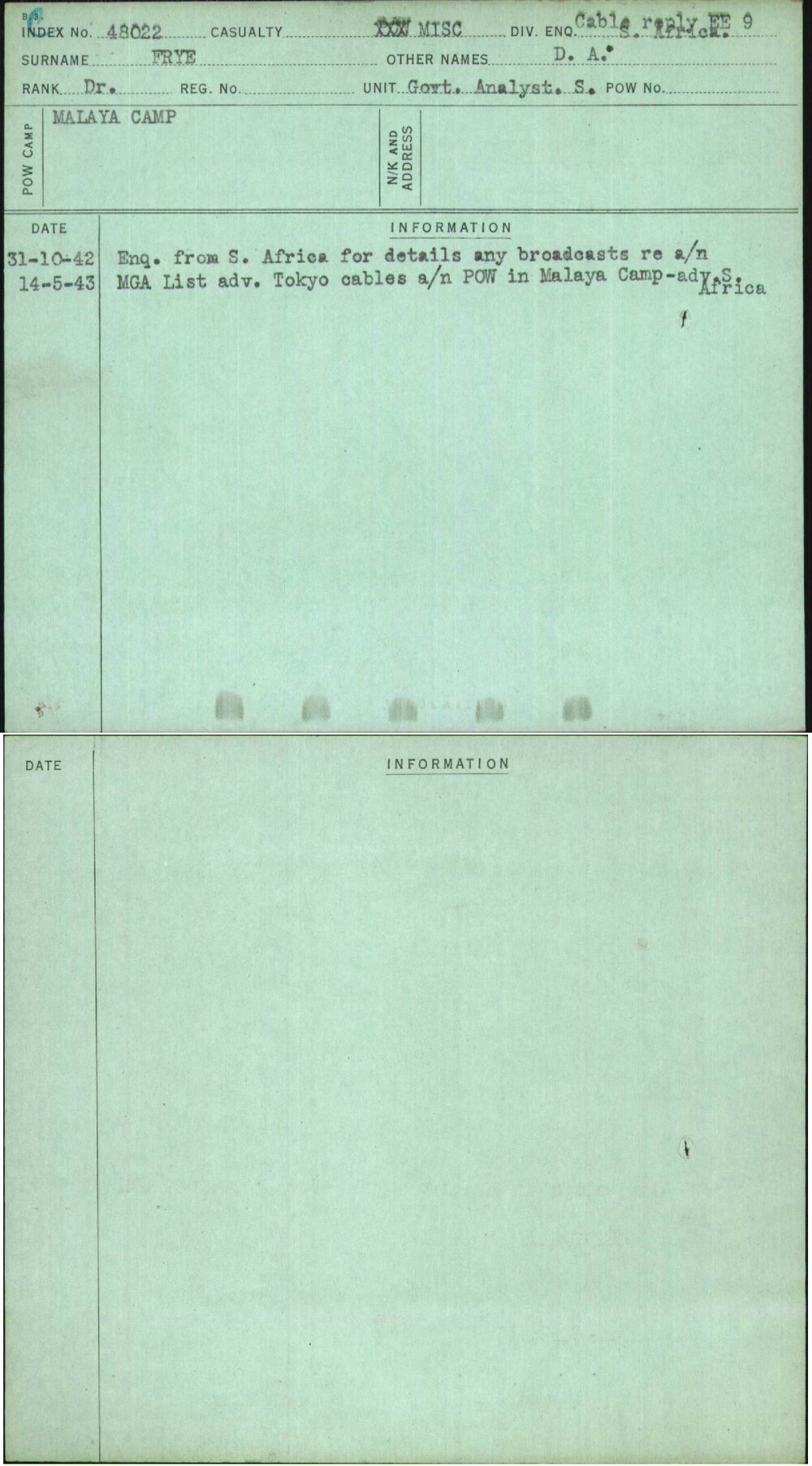 Frye, D A, [No Service Number]