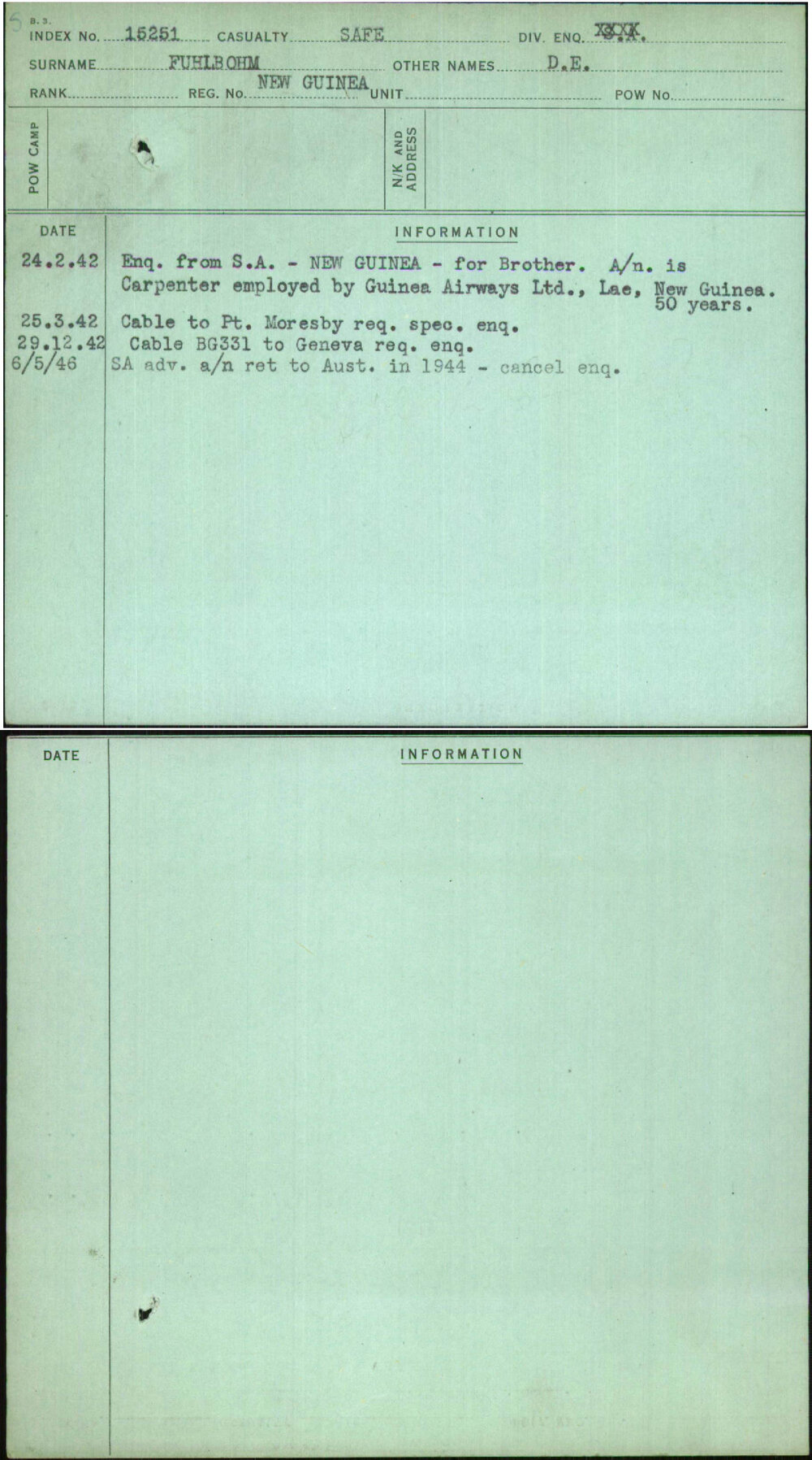 Fuhlbohm, D E, New Guinea