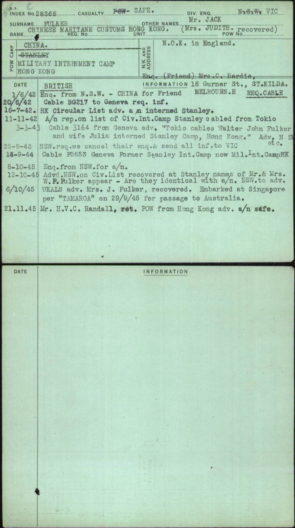 Fulker, Mr Jack, [No Service Number]