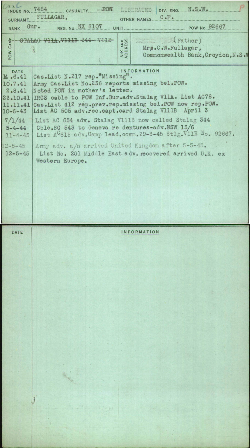 Fullagar, C F, NX8107