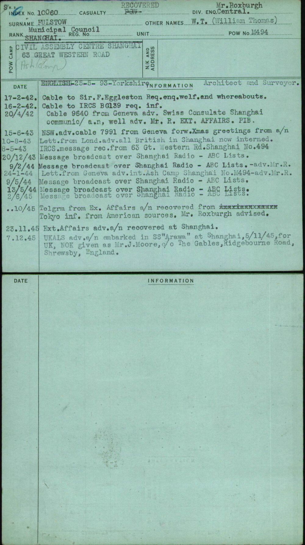 Fulstow, W T (William Thomas), [No Service Number]