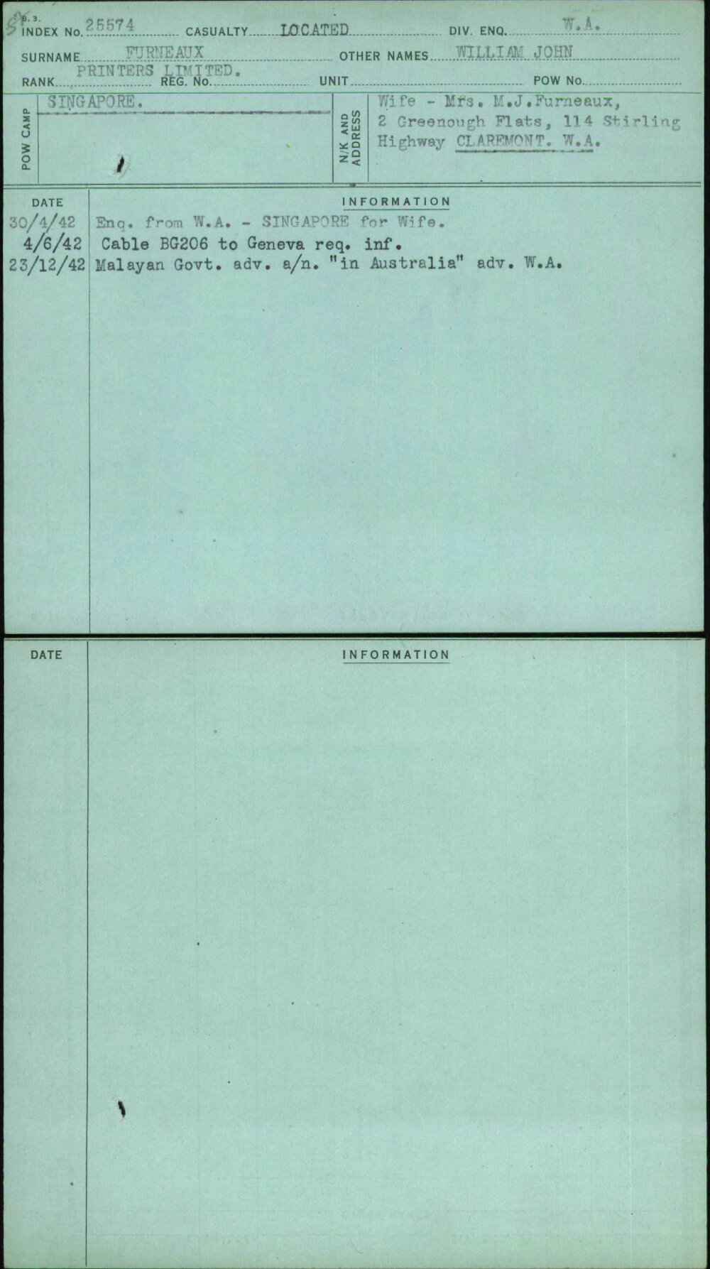 Furneaux, William John, [No Service Number]