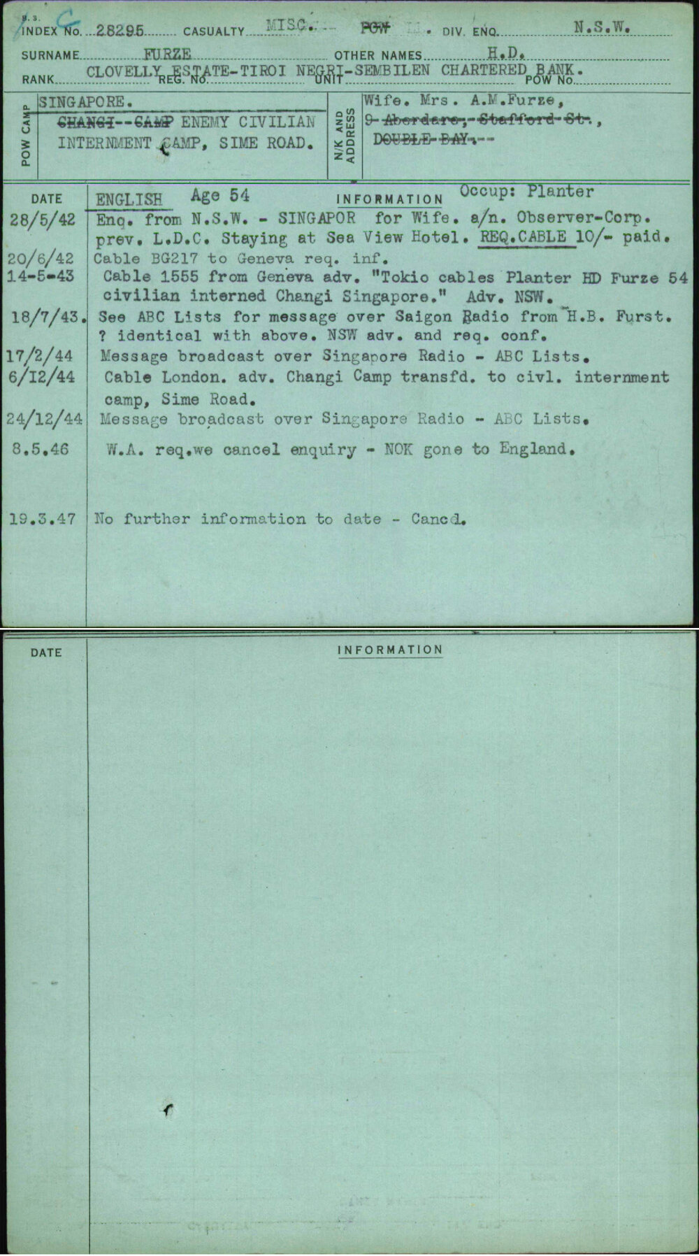 Furze, H D, [No Service Number]