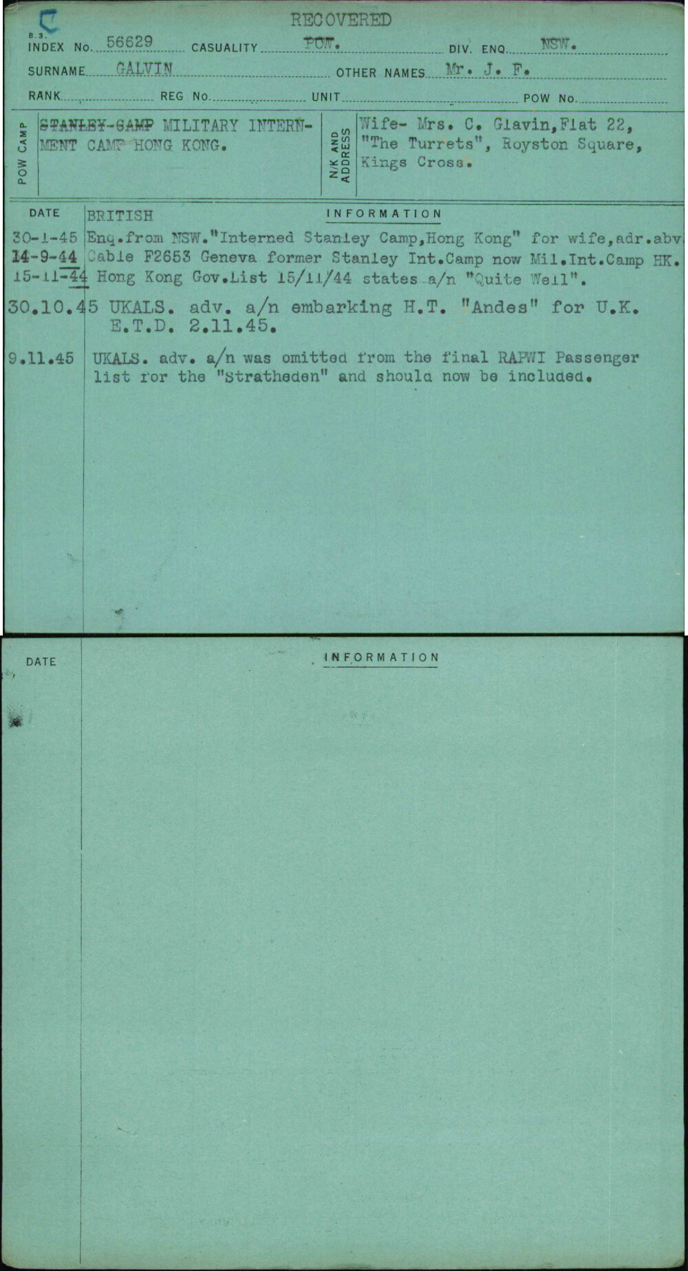 Galvin, Mr J F, [No Service Number]