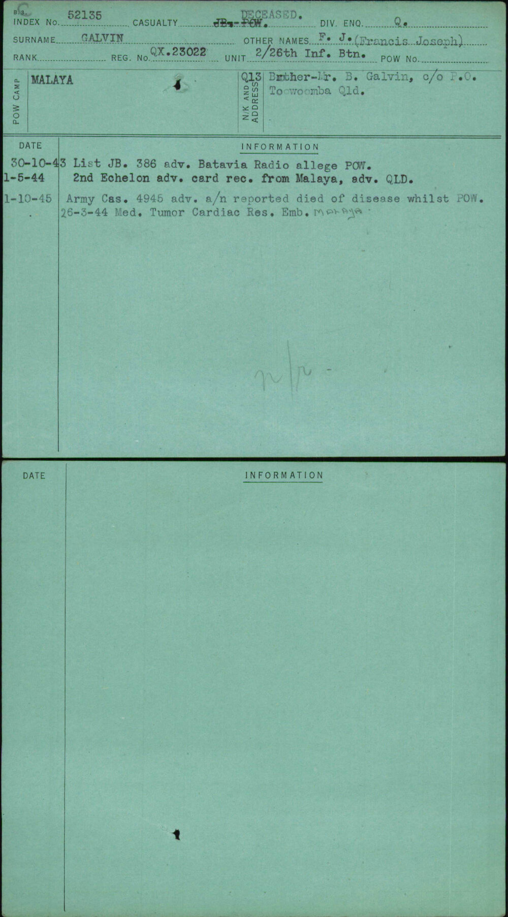 Galvin, F J (Francis Joseph), QX23022