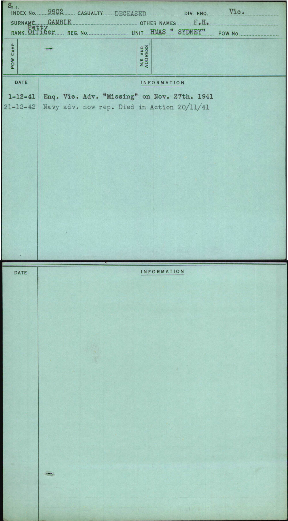 Gamble, F H, [No Service Number]